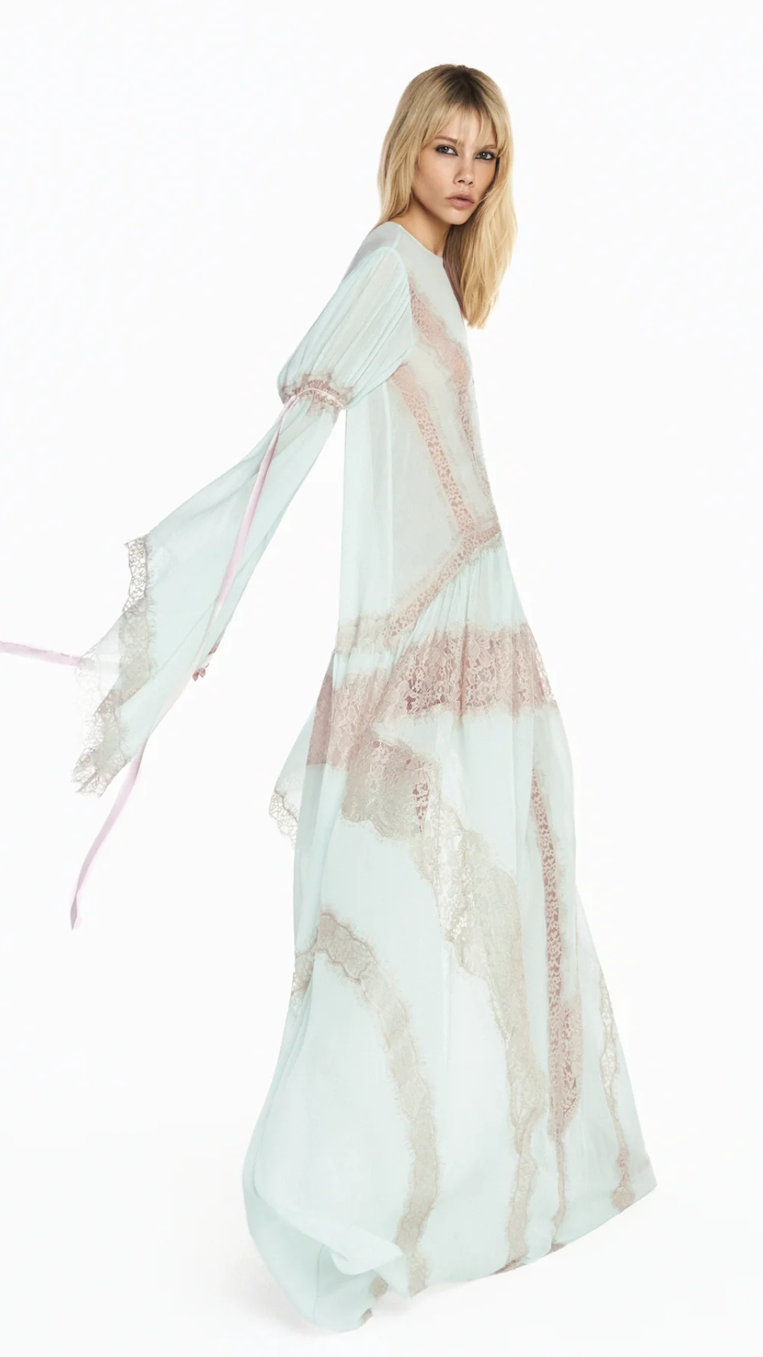 Vestido Longo Manga Longa Chiffon Verde com Renda Bege