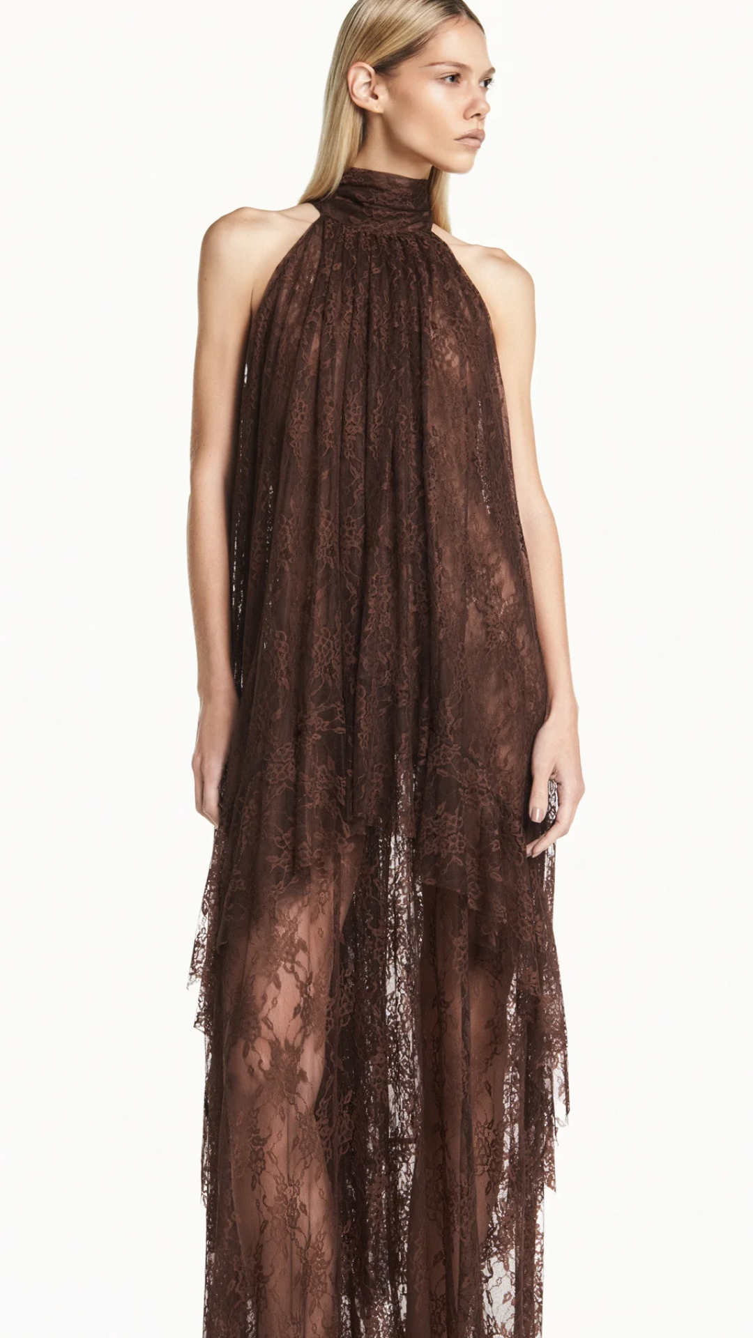 Vestido Longo Gola Alta Babado Mullet Renda Marrom