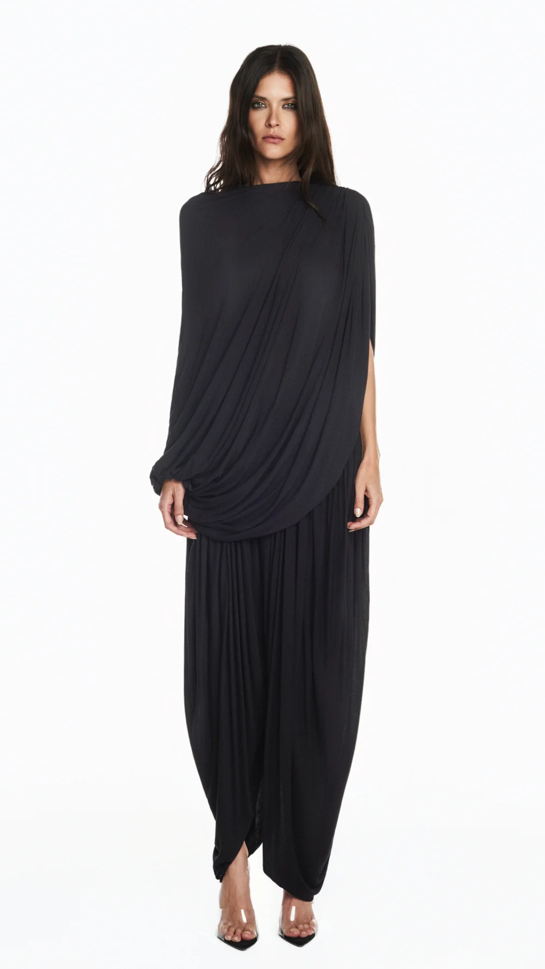 Blusa Corpo Drapeado Capa Sobreposta Malha Preta