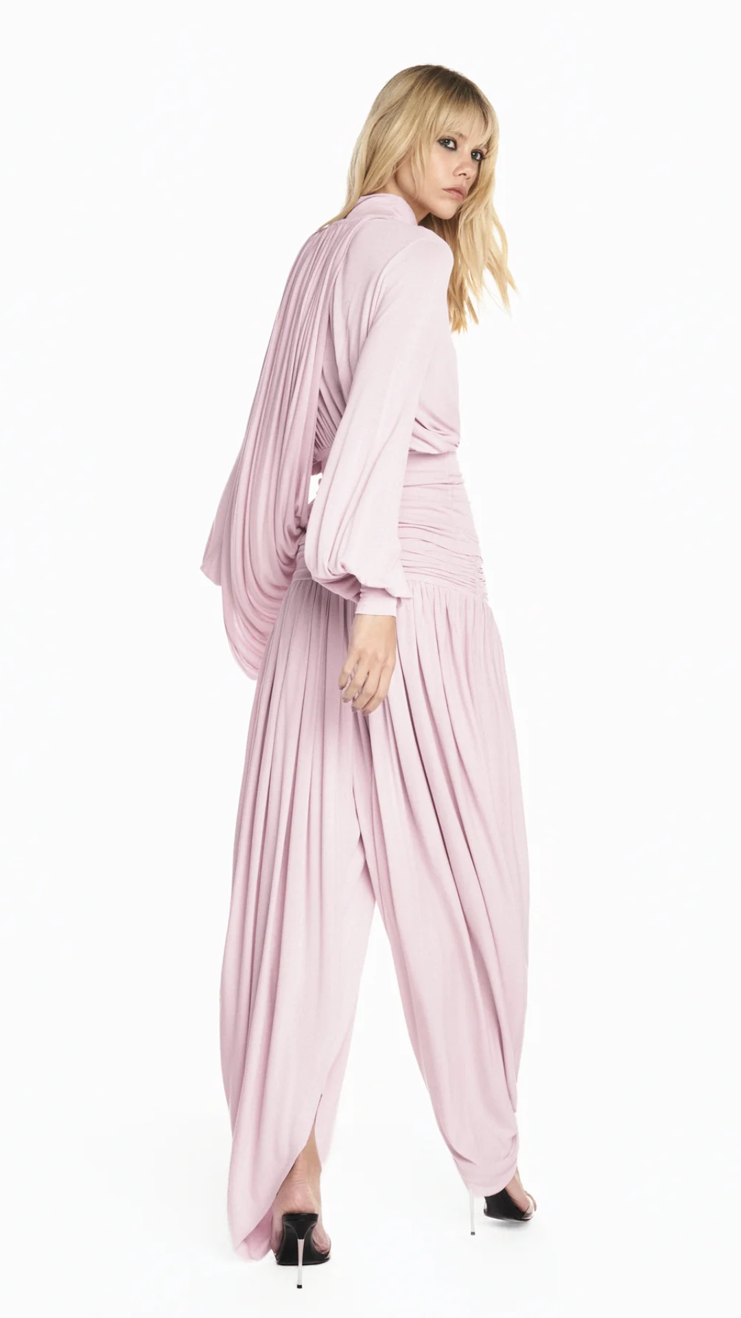 Blusa Gola Alta Manga Longa Pala Cintura Faixa Drapeada Malha Rosa