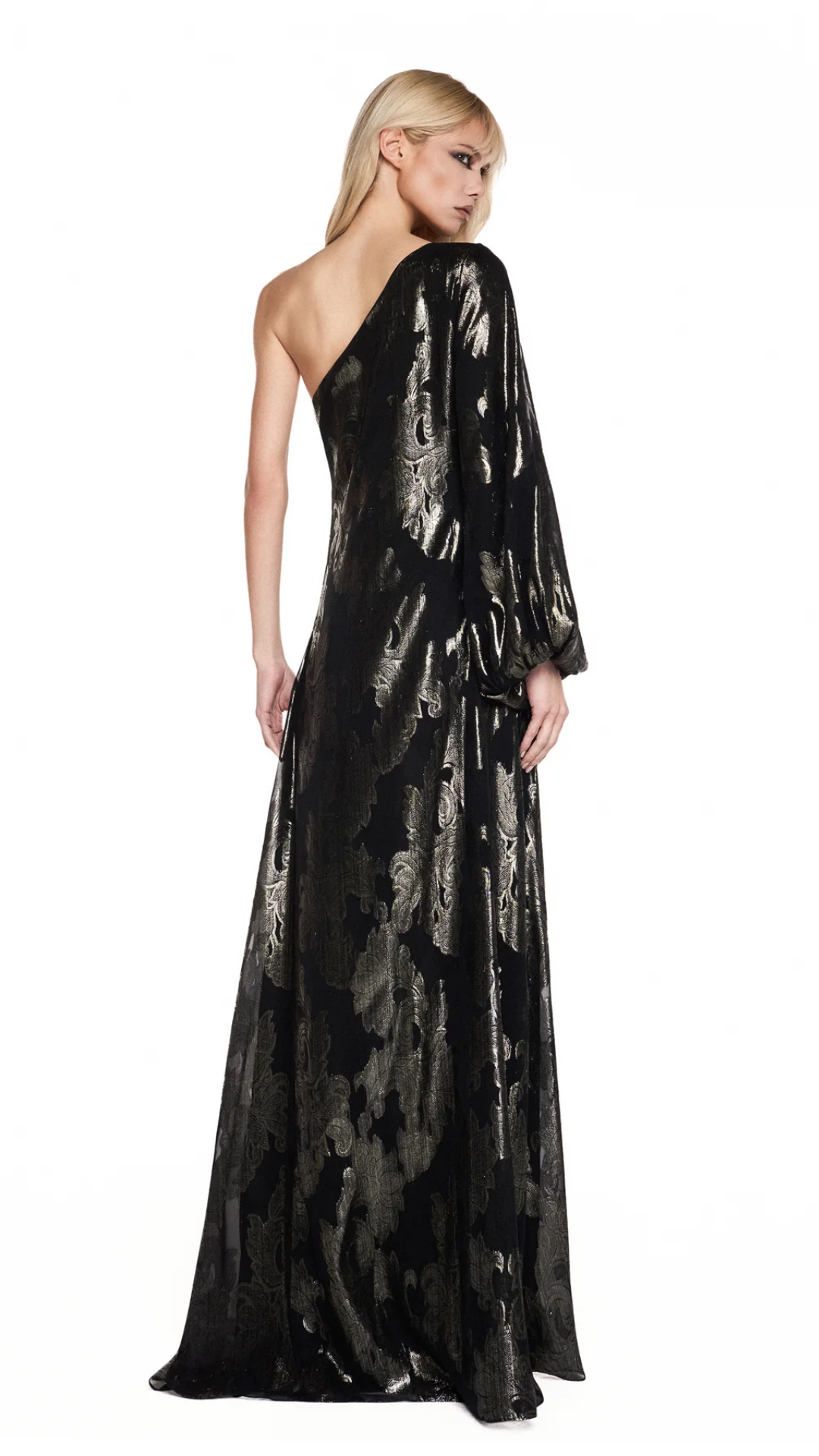 Vestido Longo Um Ombro Manga Longa Jacquard Lurex Preto