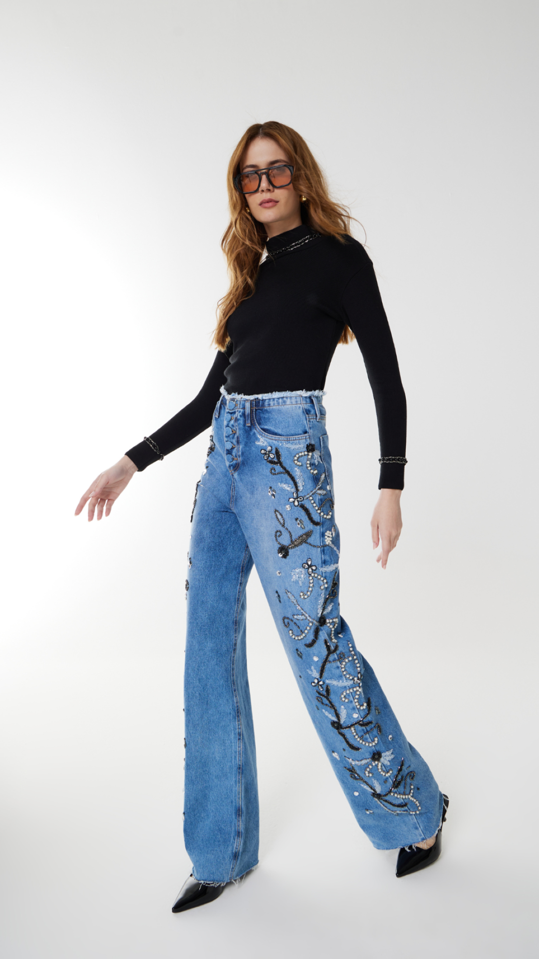 Calça Jeans Cintura Alta Bordada Bianca