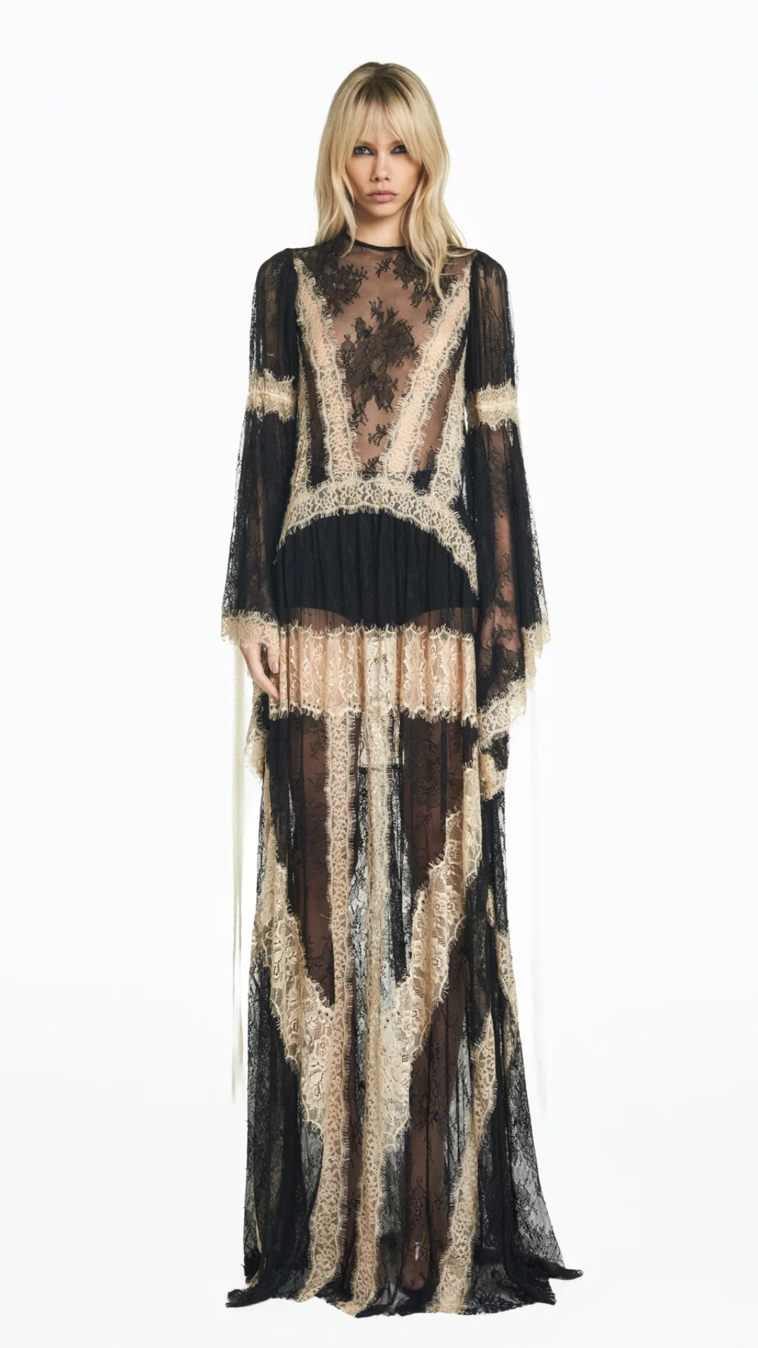 Vestido Longo com Manga Renda Preta com Renda Bege