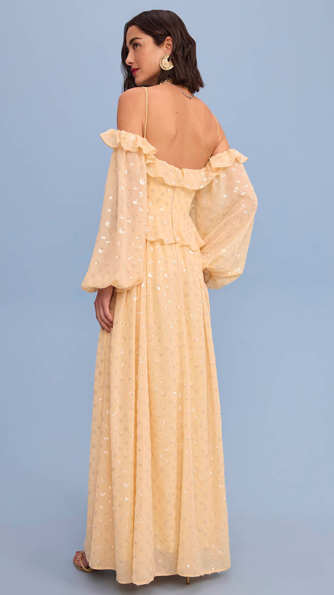 Vestido Chiffon Paetê Amarelo Honey Comb