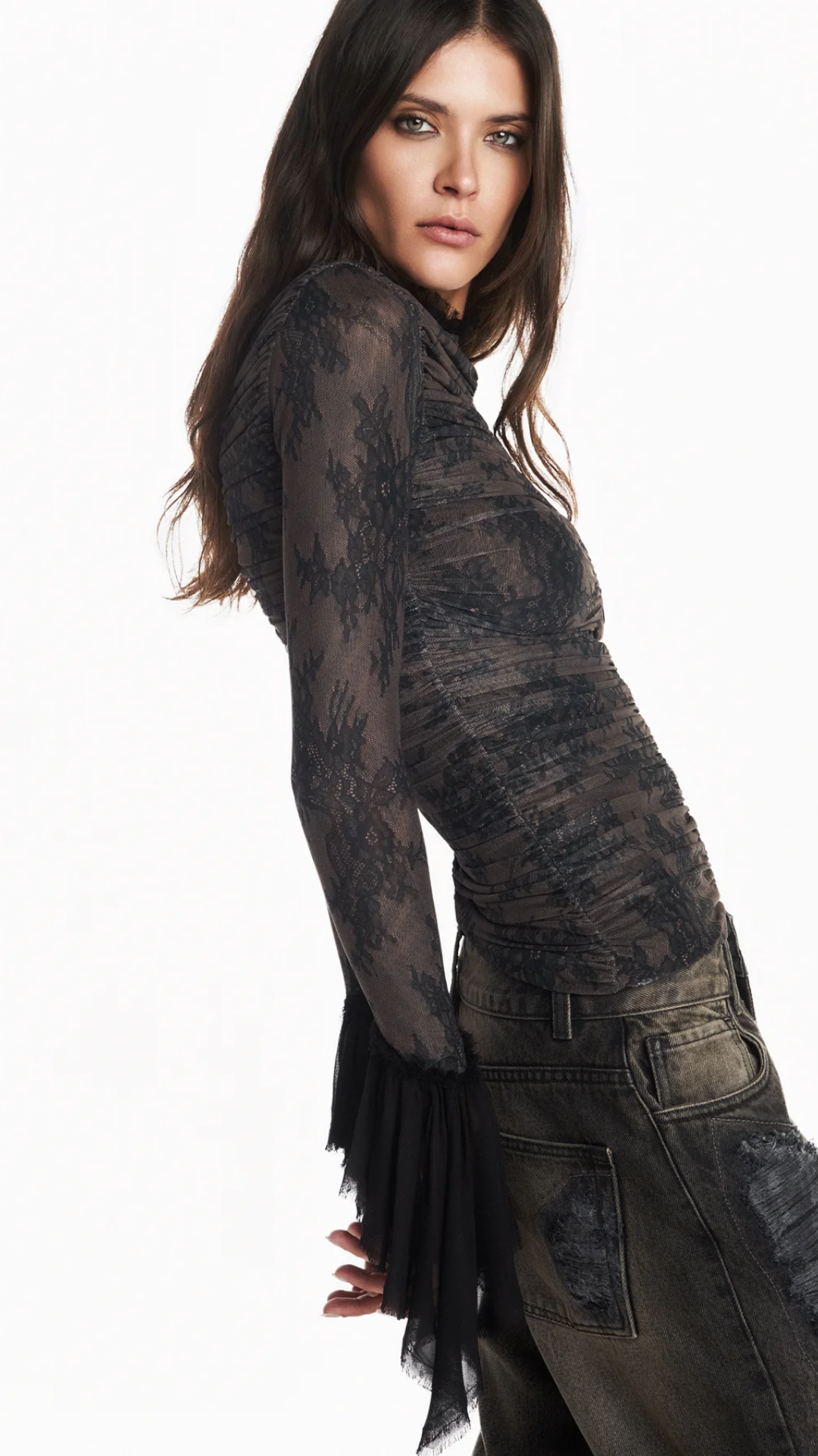 Blusa Drapeada Manga Longa Tule Estampa Renda