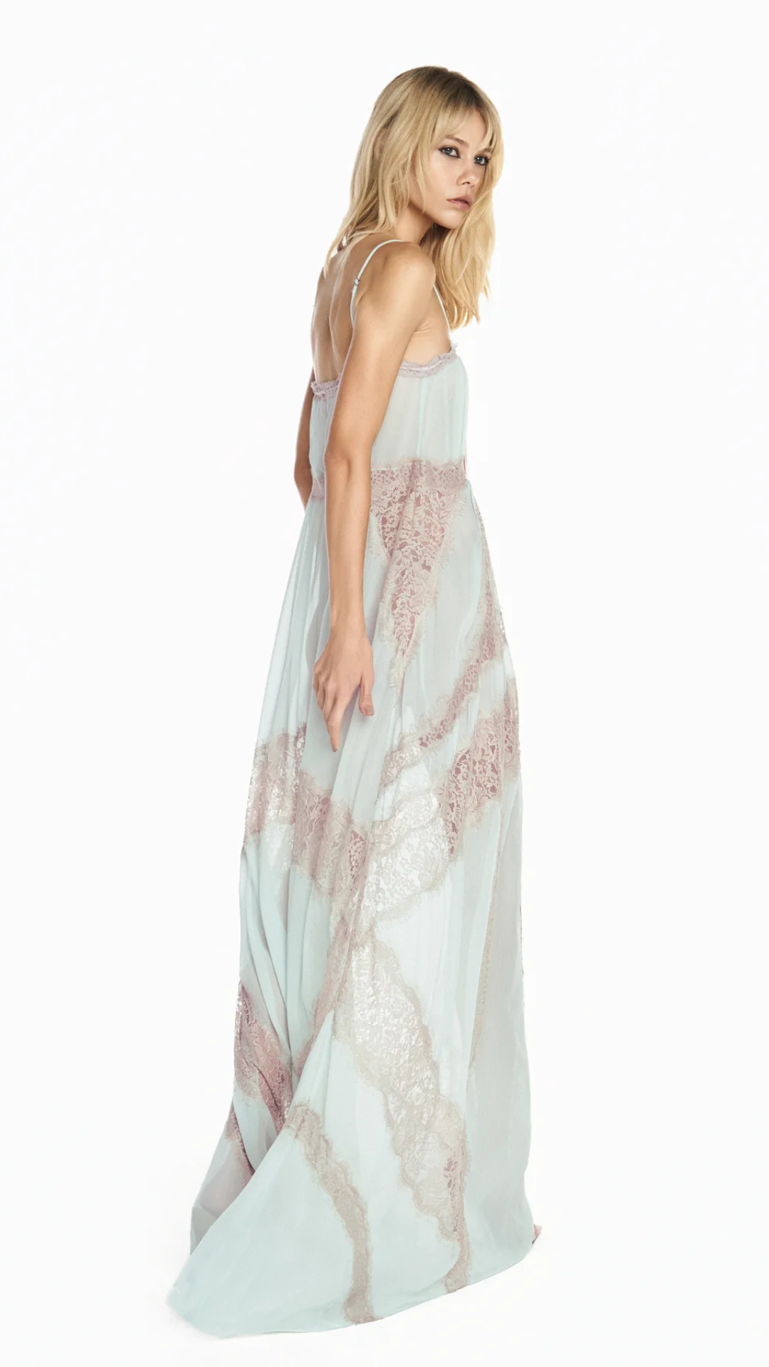 Vestido Longo Alça Chiffon Verde com Renda Bege