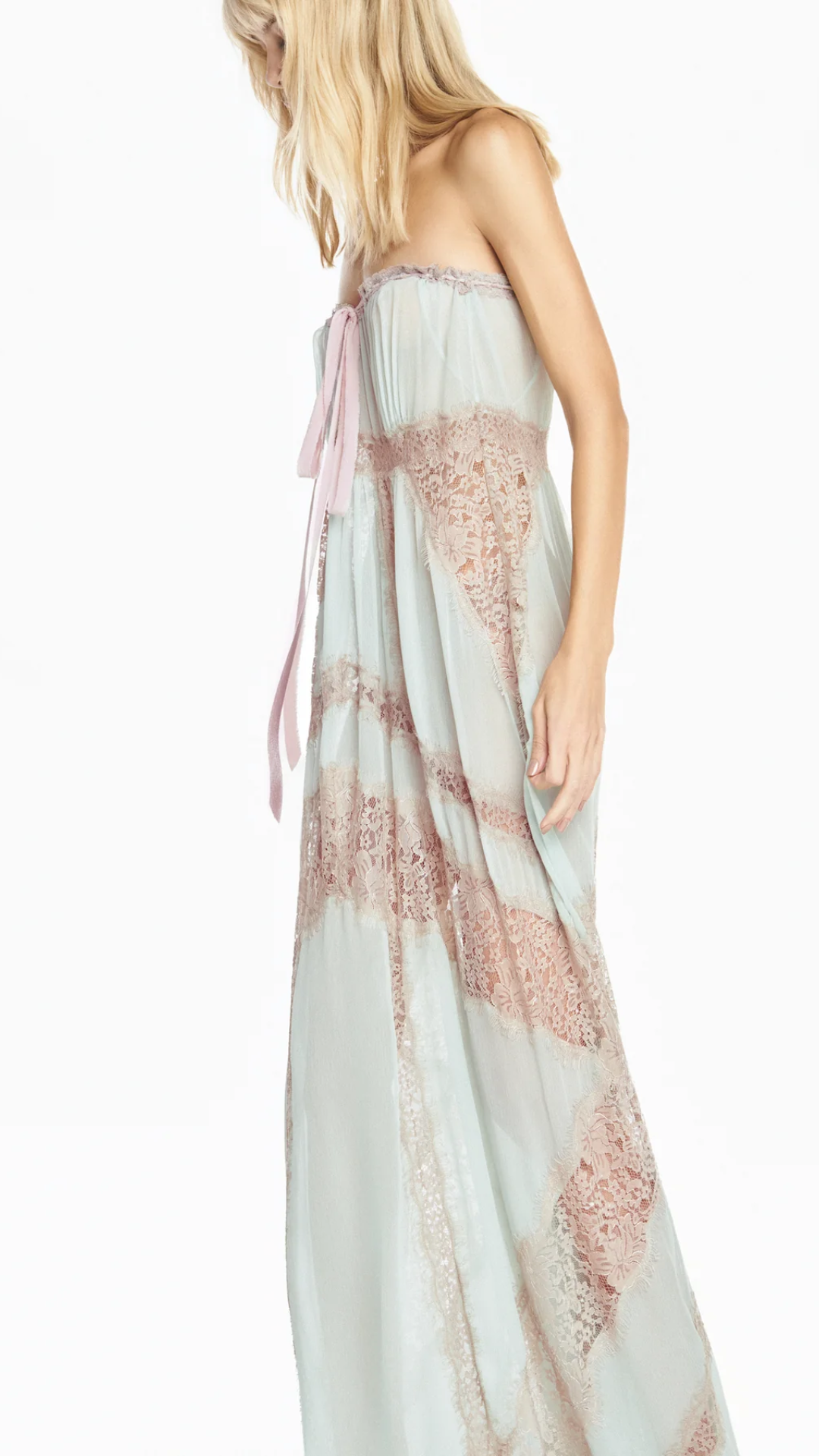 Vestido Longo Alça Chiffon Verde com Renda Bege