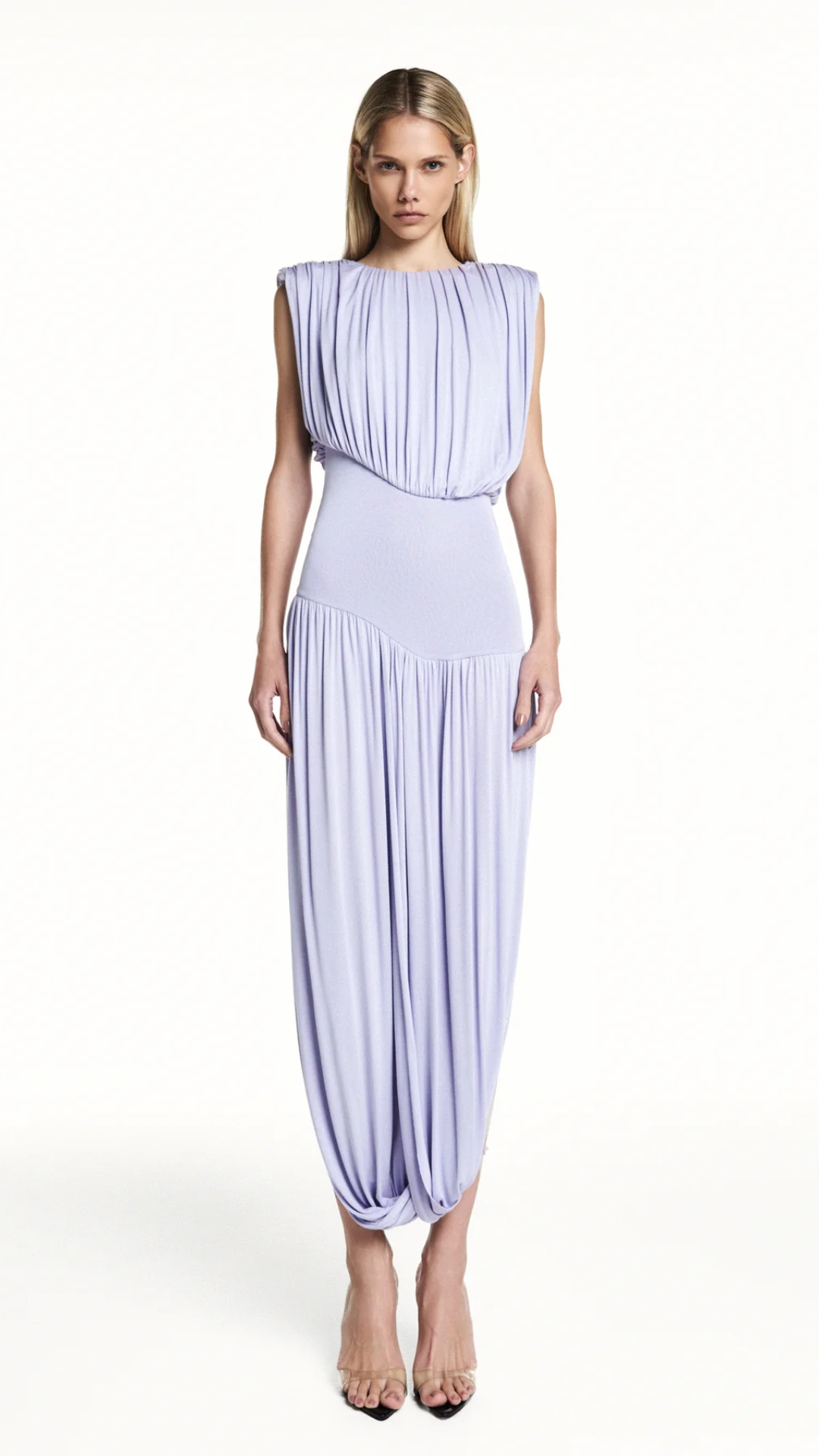 Vestido Longo sem Manga Drapeado Lavanda