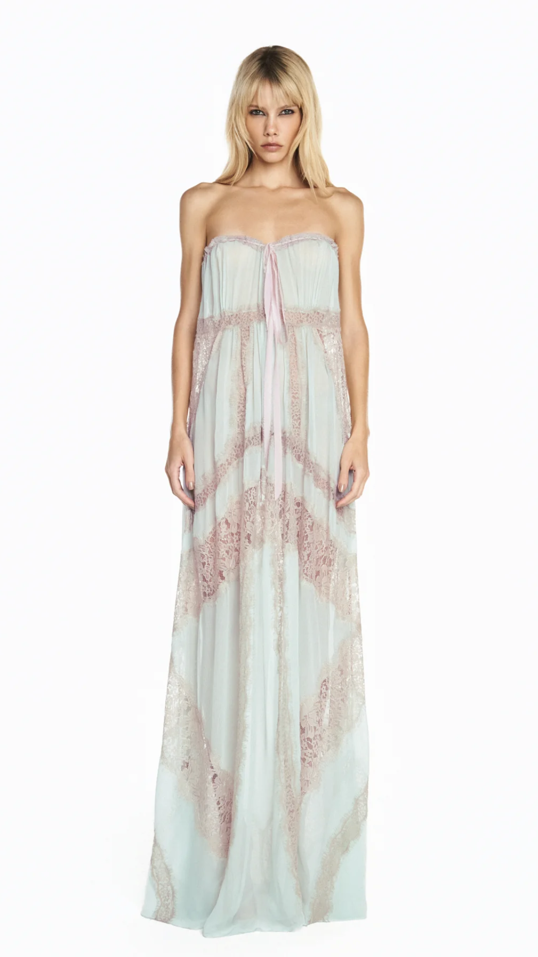 Vestido Longo Alça Chiffon Verde com Renda Bege