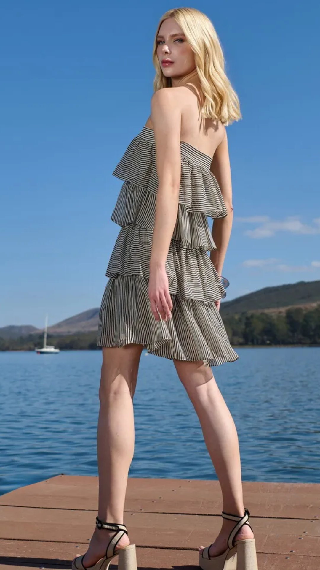 Vestido Curto Listrado com Babados