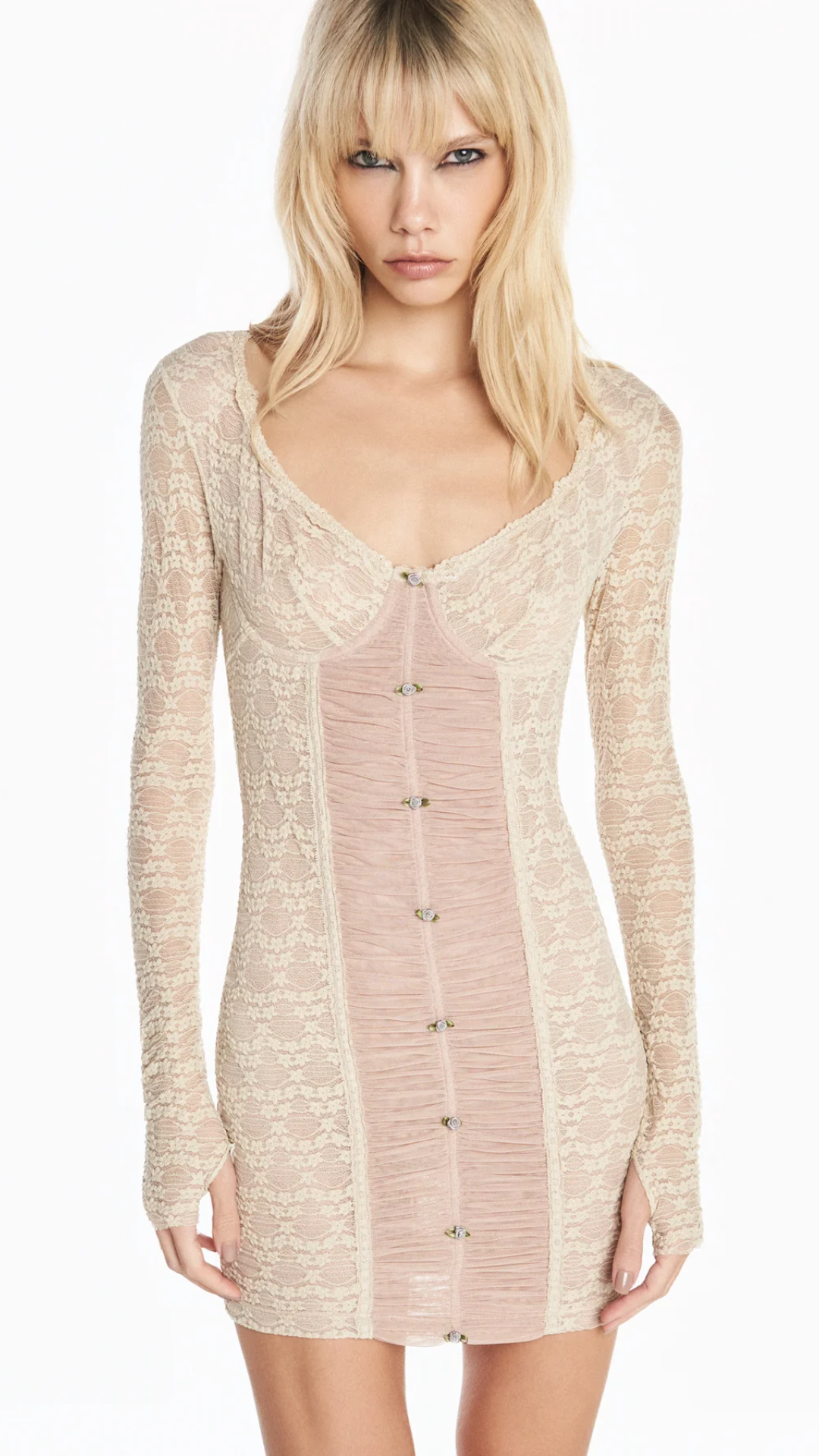 Vestido Curto Manga Longa Renda Florzinha e Tule Bege