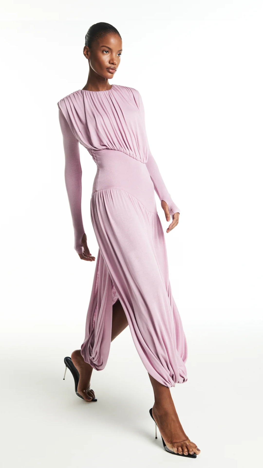 Vestido Longo Manga Longa Drapeado Lavanda