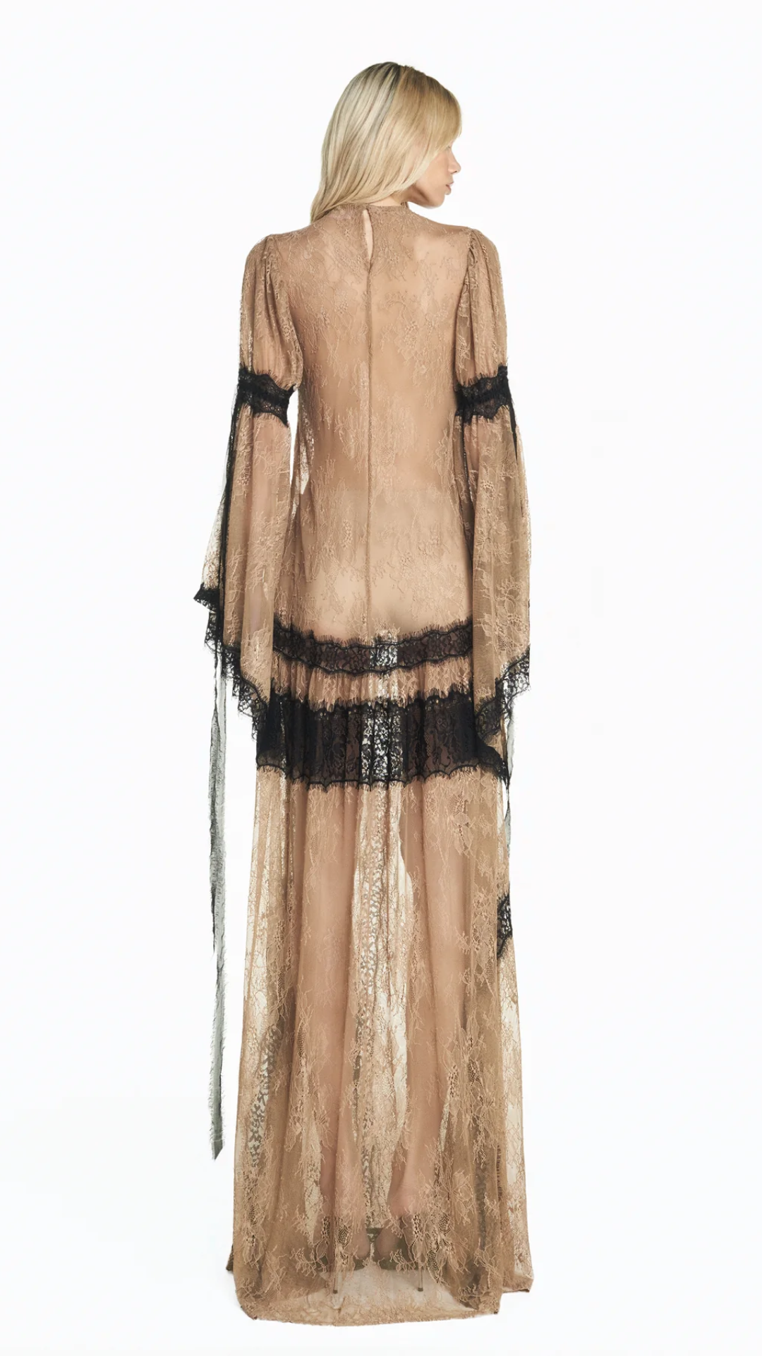 Vestido Longo com Manga Renda Bege Escuro com Renda Preta