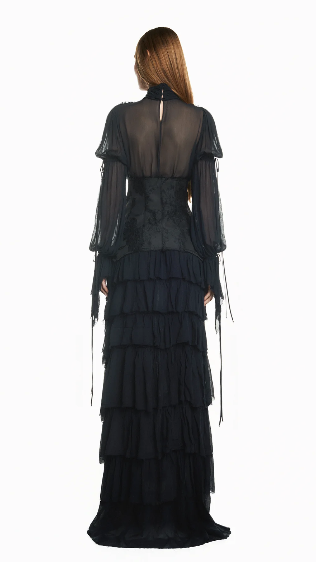 Vestido Longo Babados Manga Longa Chiffon com Corset Preto