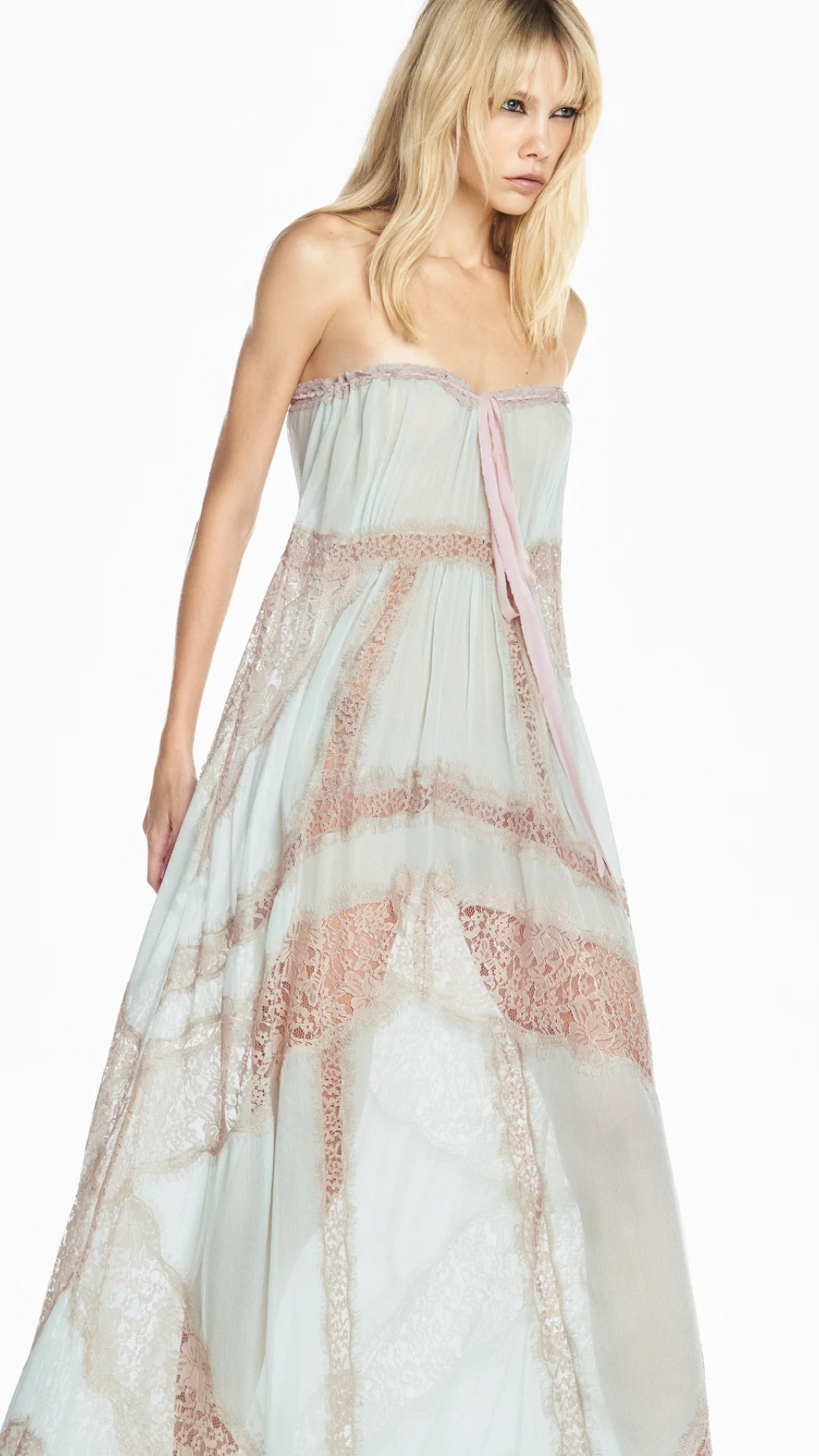 Vestido Longo Alça Chiffon Verde com Renda Bege