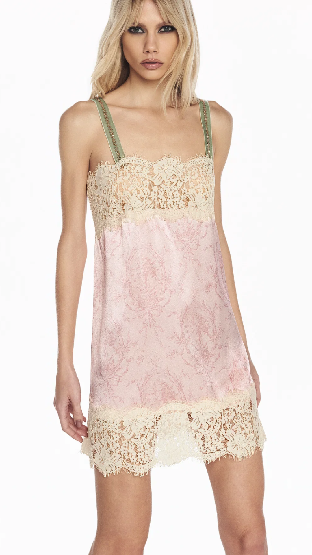 Vestido Curto Cetim Laço Rosa Renda Bege