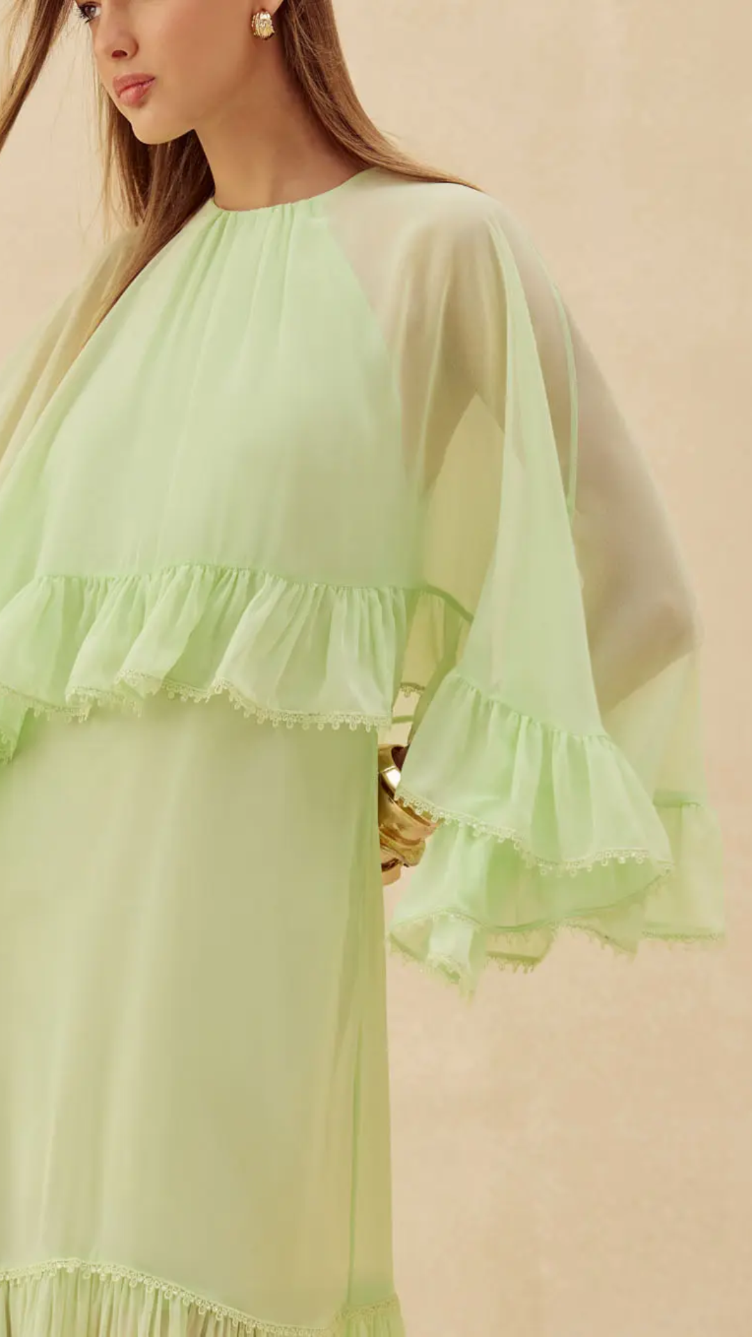 Vestido Longo Babados E Mangas Fluidas Verde Seed