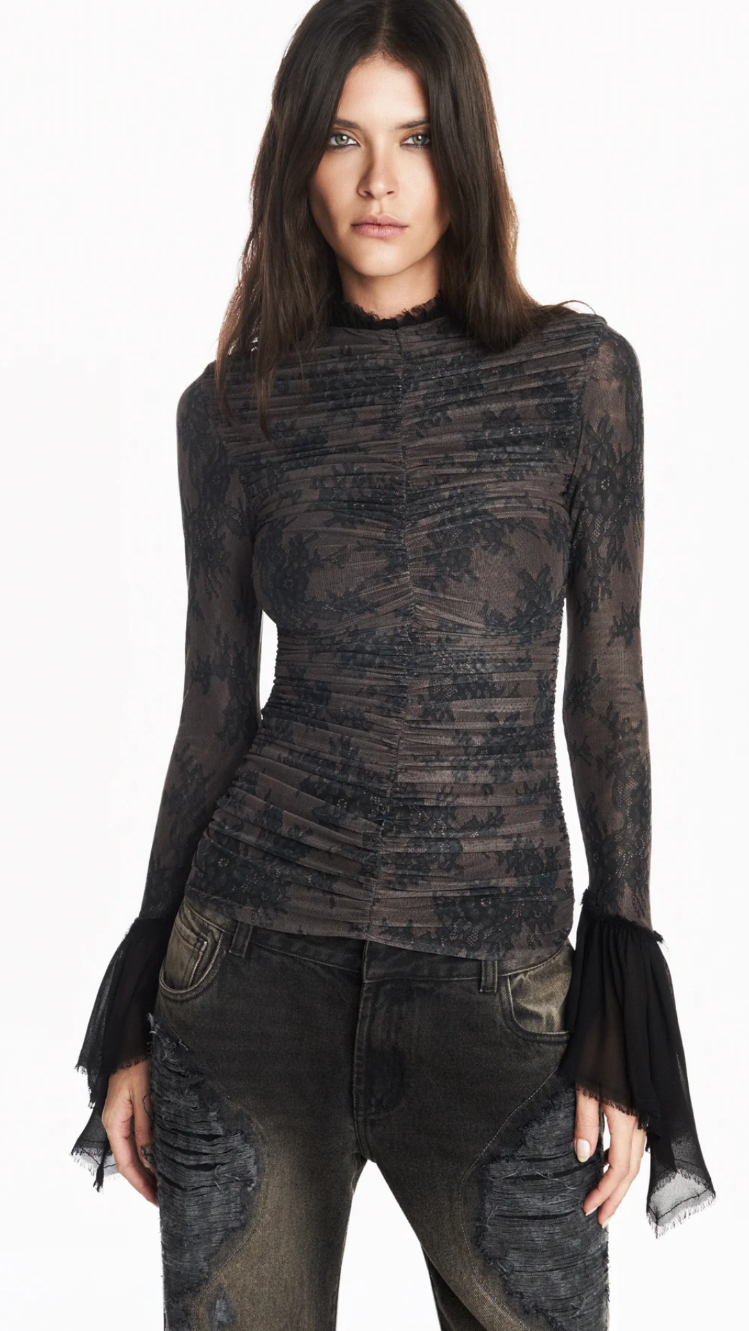 Blusa Drapeada Manga Longa Tule Estampa Renda