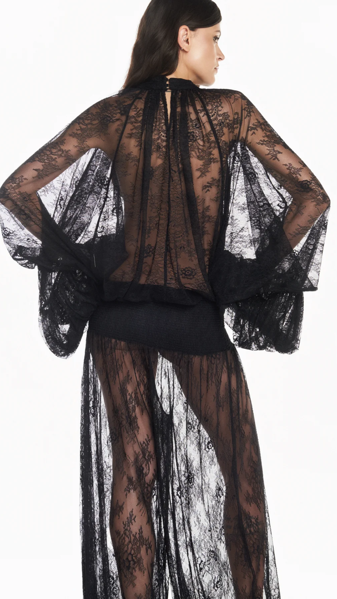 Blusa Gola Alta Manga Babado Renda Preto