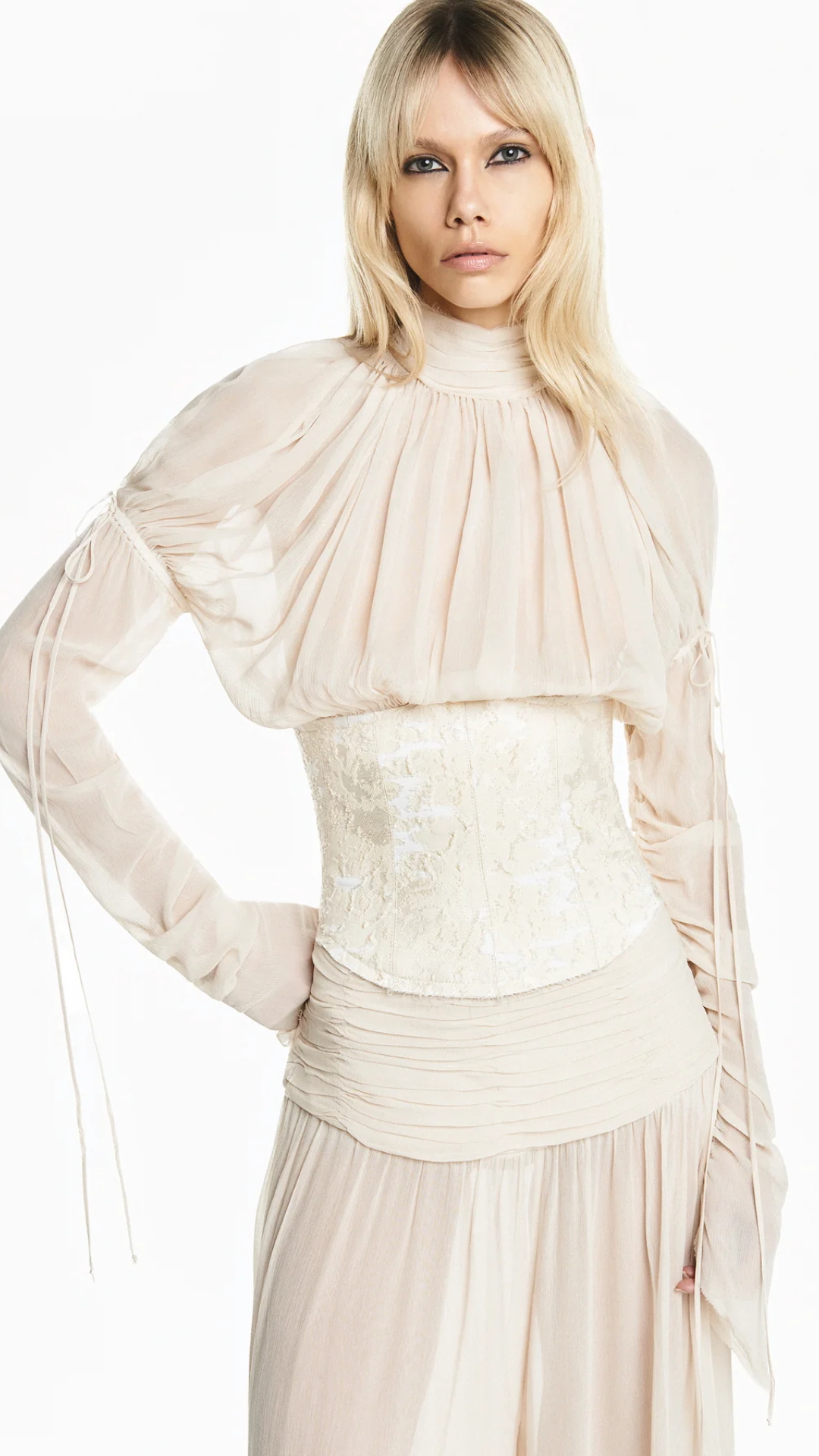 Blusa Manga Longa Drapeada Chiffon com Corset de Jacquard Areia