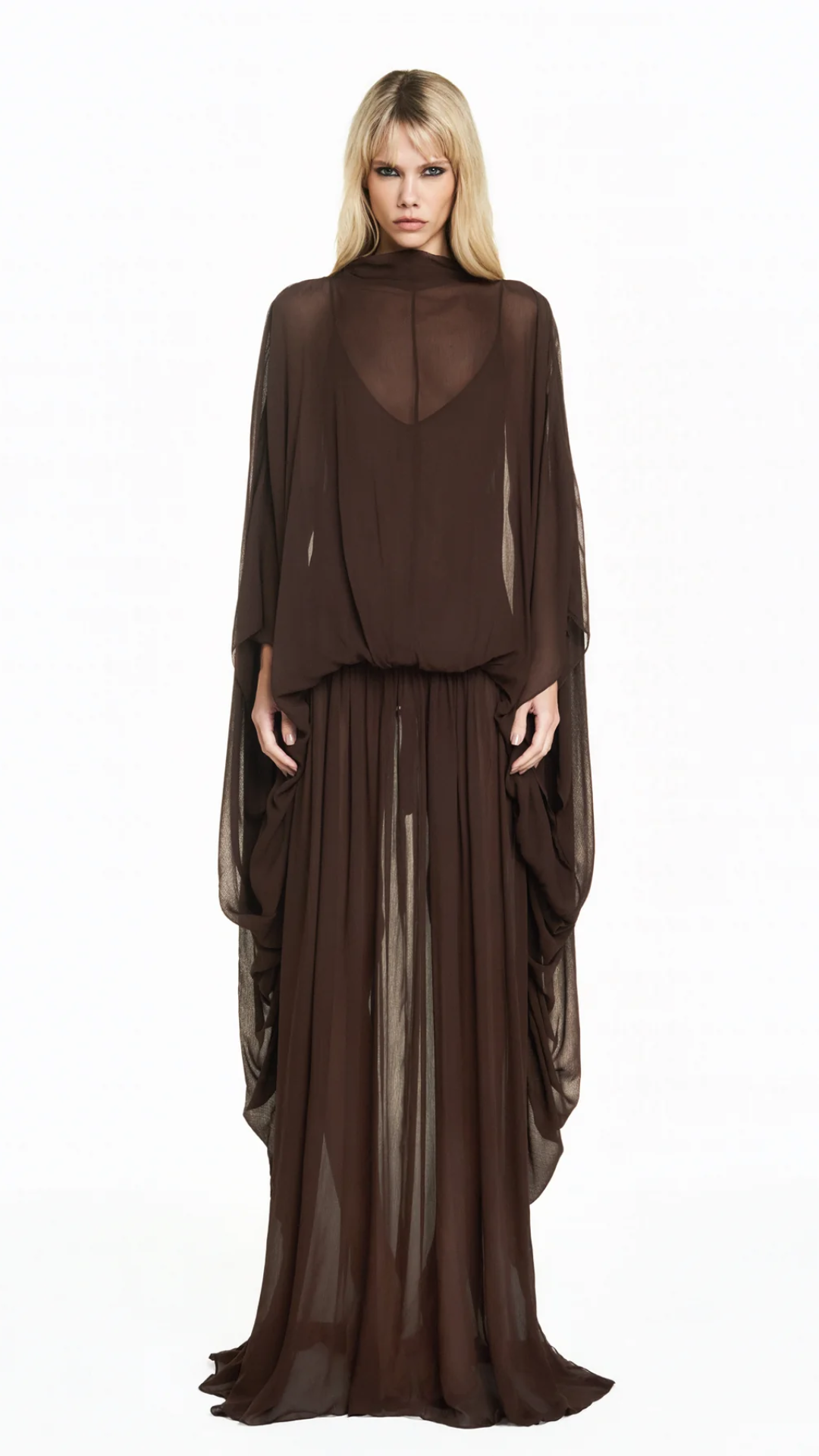 Vestido Longo Amplo Capa Chiffon Marrom