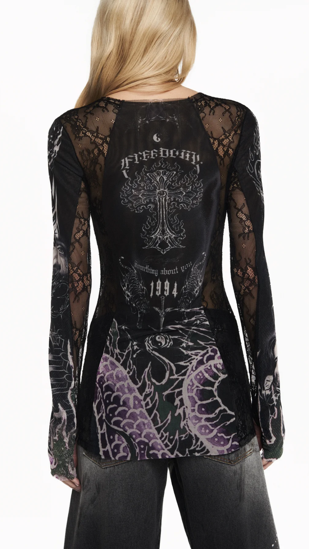 Blusa Manga Longa Tule e Renda Tattoo Dragão