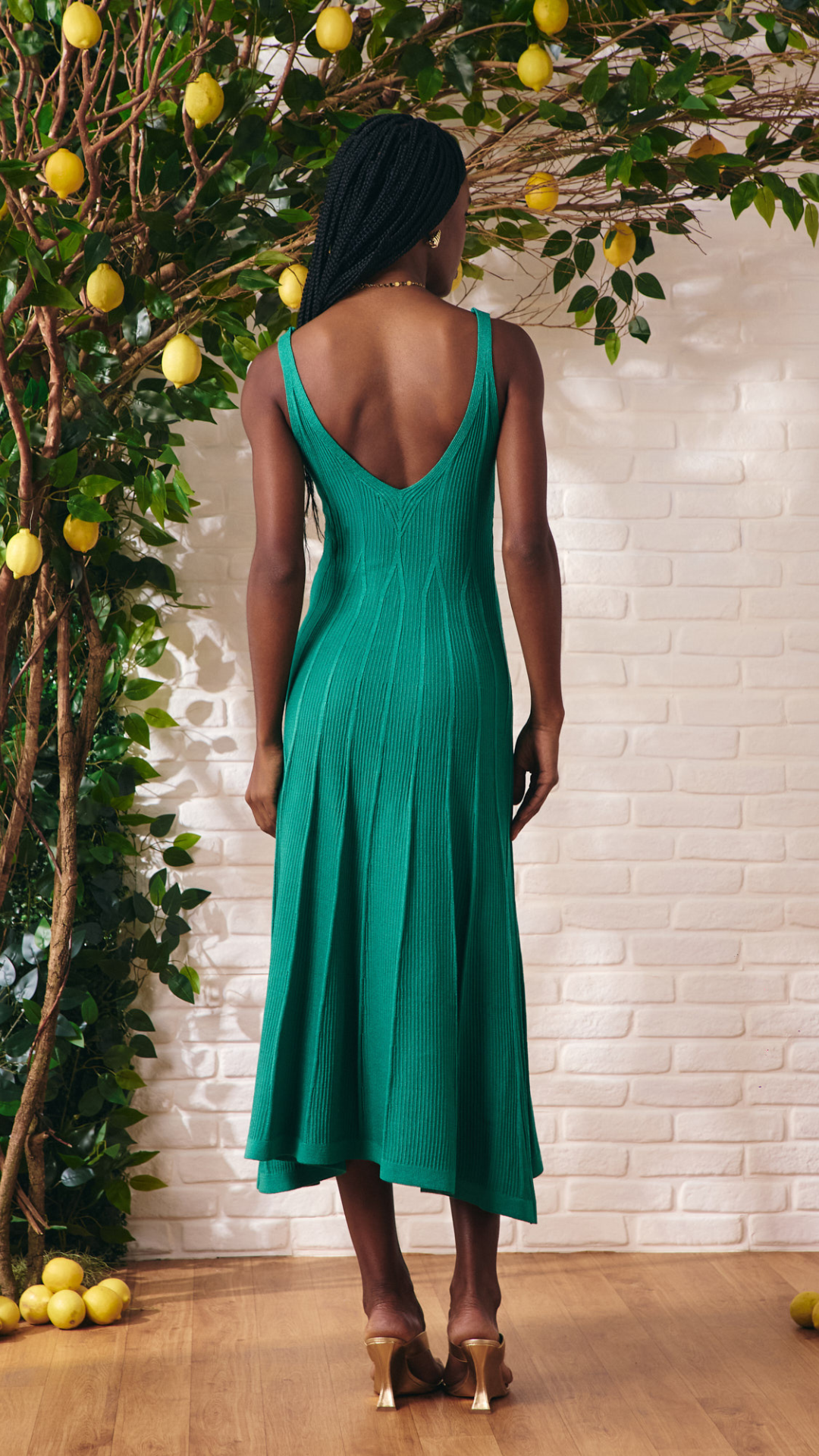 Vestido Tricot Midi Canelado Nesgas Verde Mediterrâneo