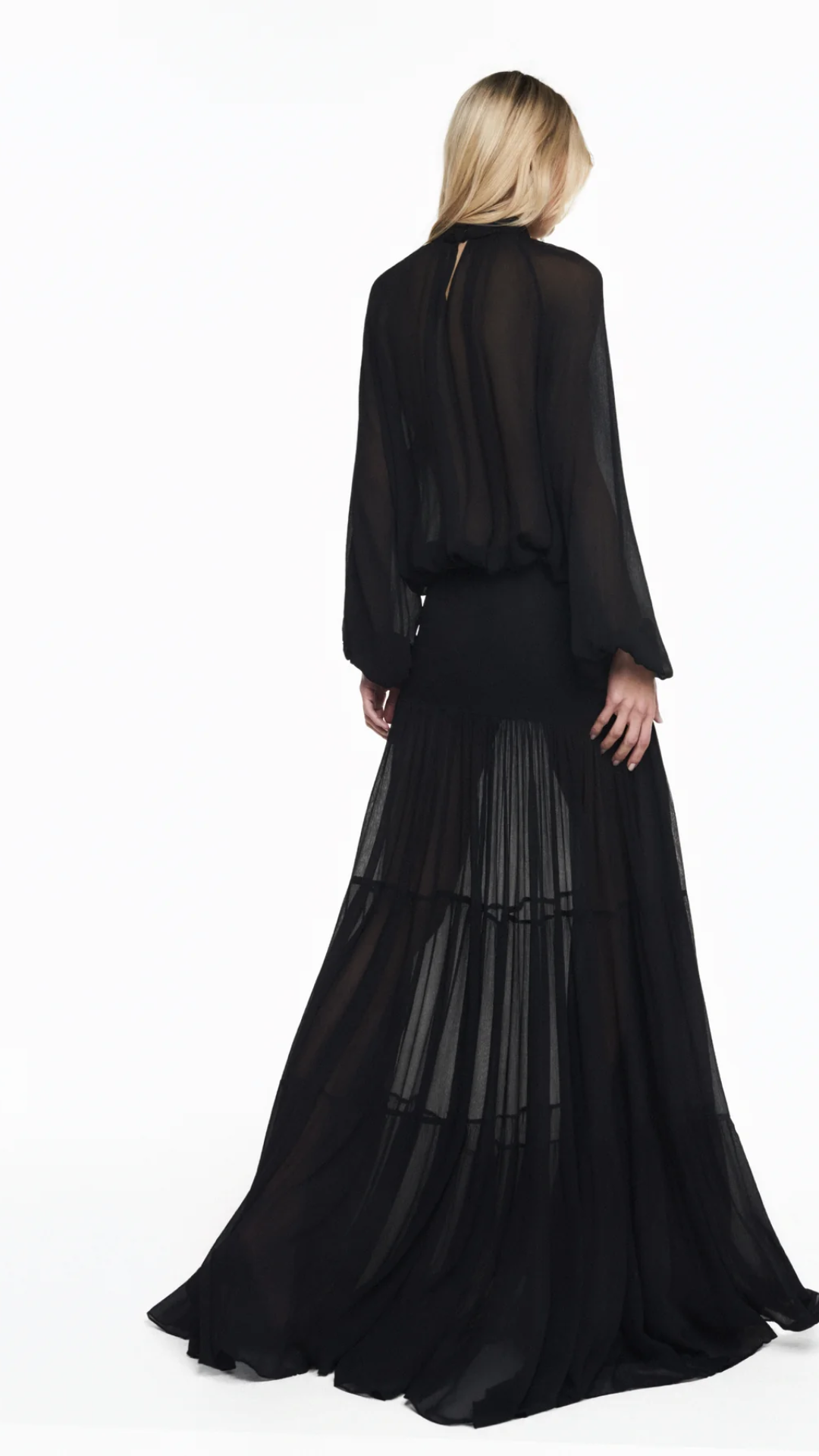 Blusa Manga Longa Gola Alta Chiffon Preto