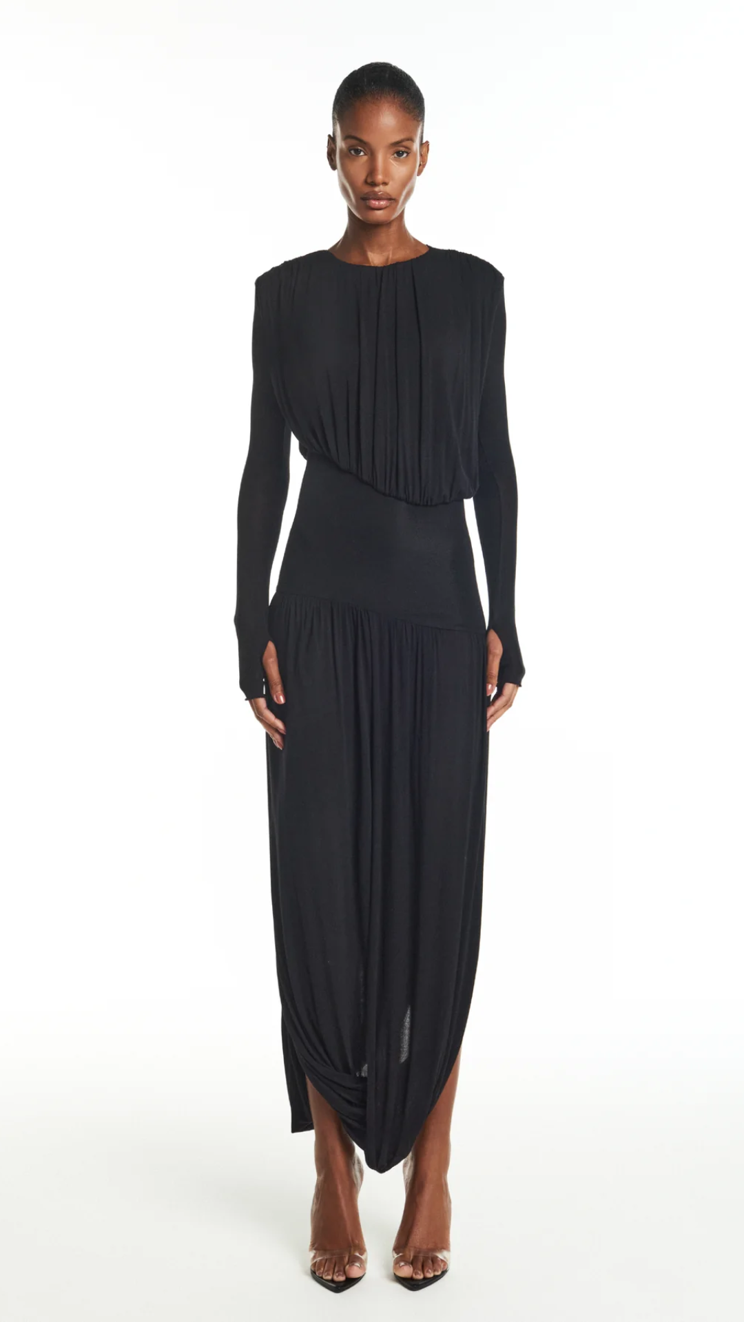 Vestido Longo Manga Longa Drapeado Preto