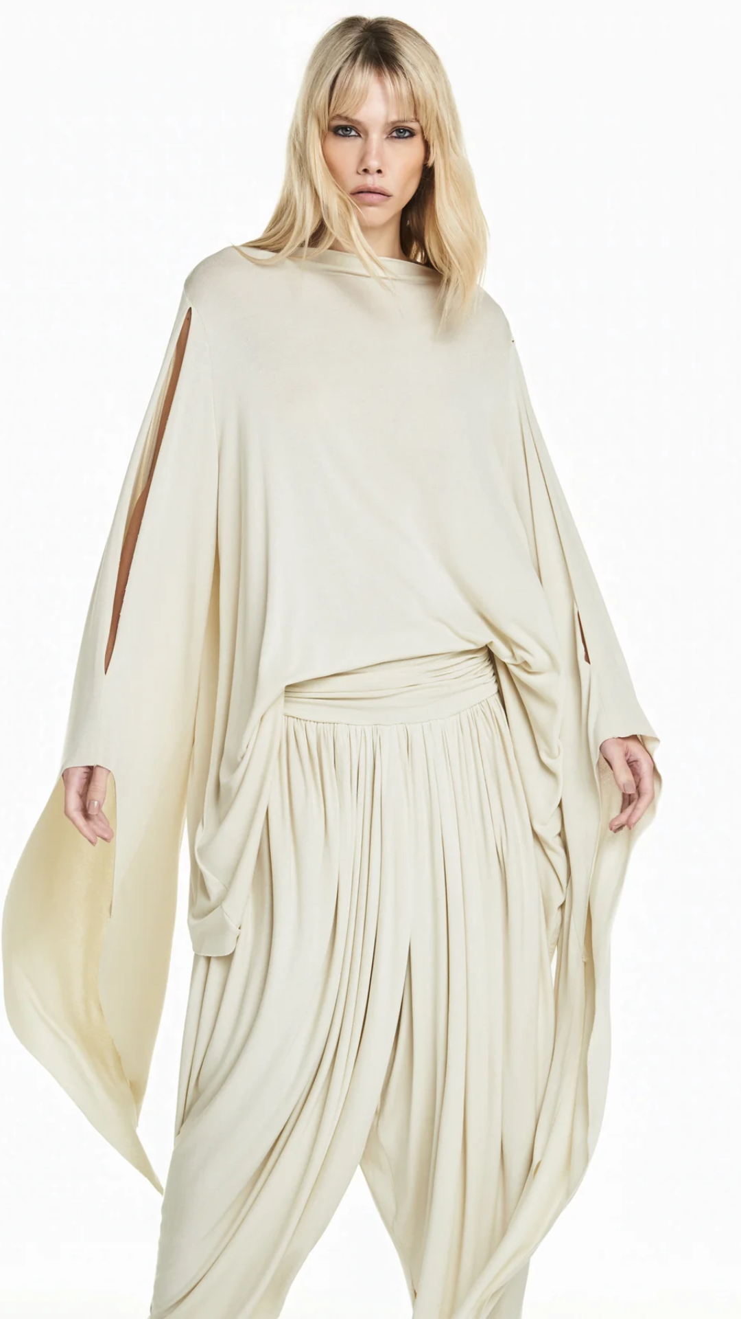 Calça Pala Drapeada Perna Ampla Malha Bege