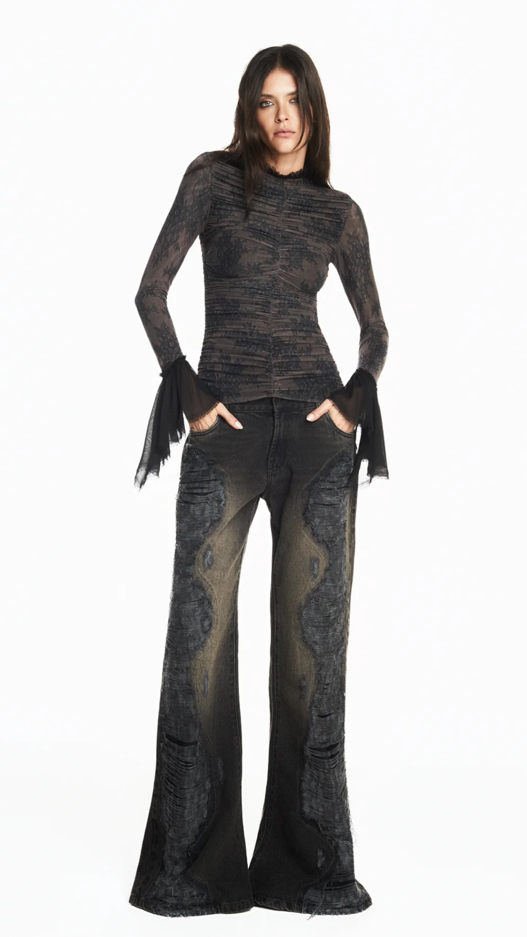 Blusa Drapeada Manga Longa Tule Estampa Renda