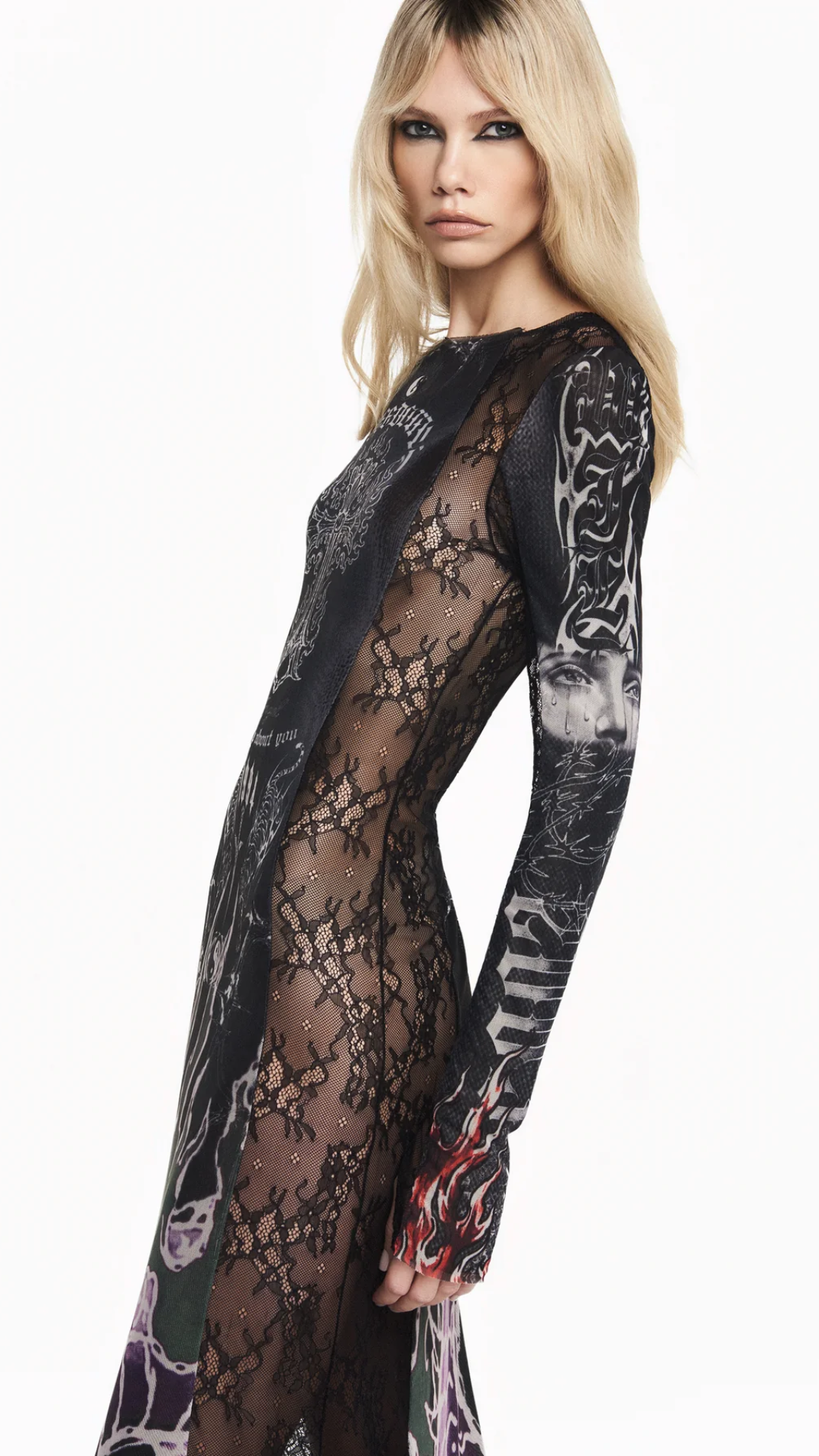 Vestido Longo Manga Longa Tule e Renda Tattoo Dragão