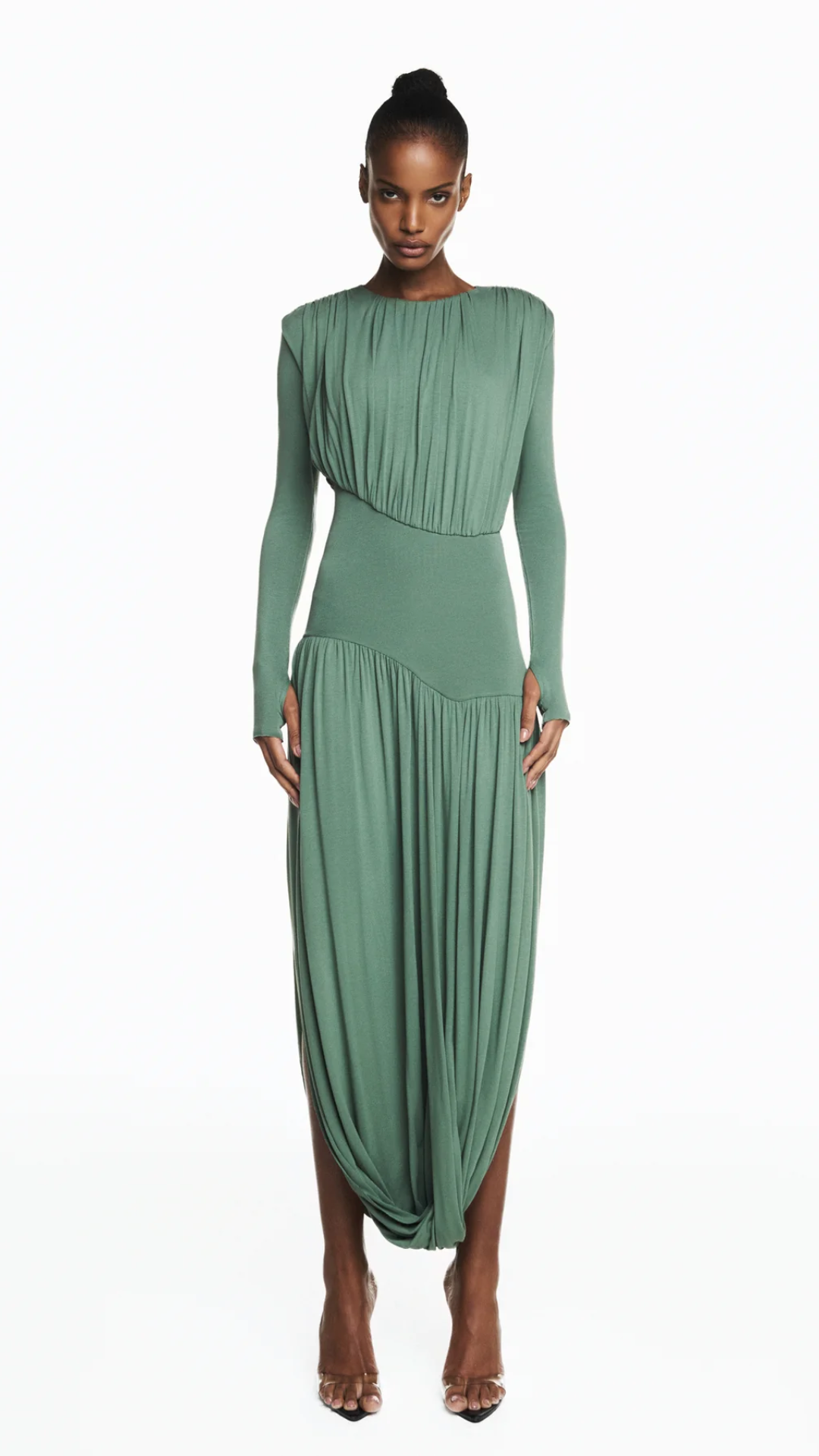 Vestido Longo Manga Longa Saia Torcida Corpo Drapeado Malha Verde