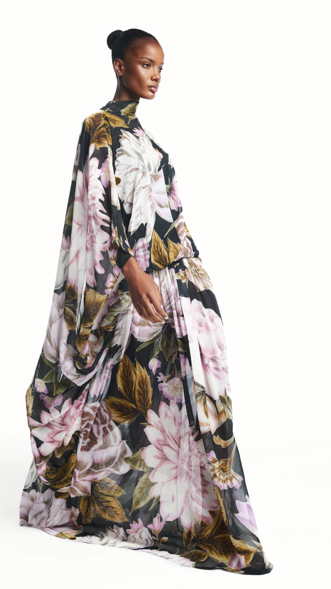 Vestido Longo Amplo Capa Floral Preto