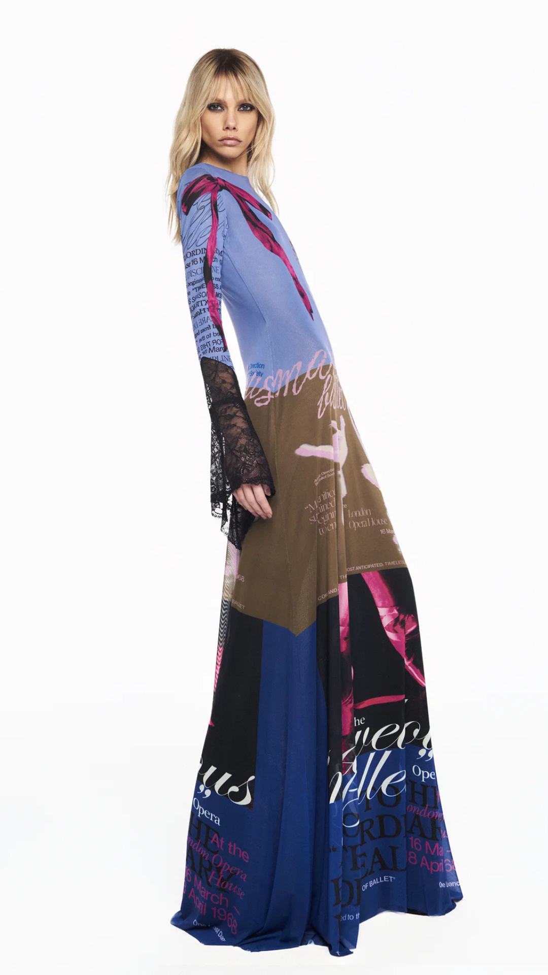 Vestido Longo Manga Longa Tule e Renda Ballet Laço