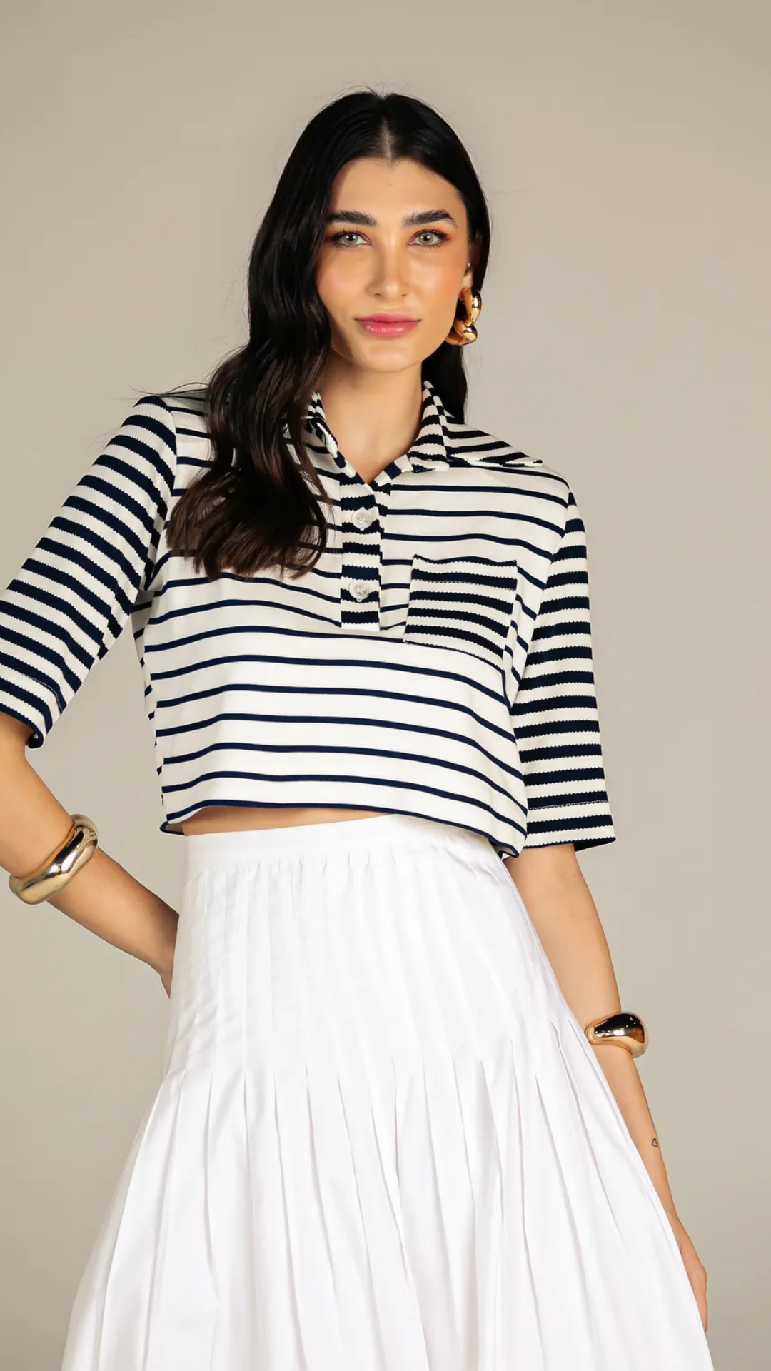 Cropped Listrado Azul e Off White