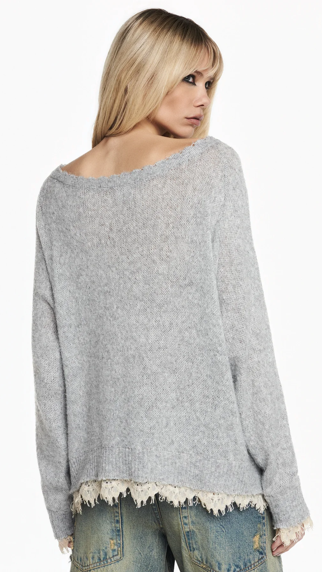 Blusa Tricot Cinza Renda Barra