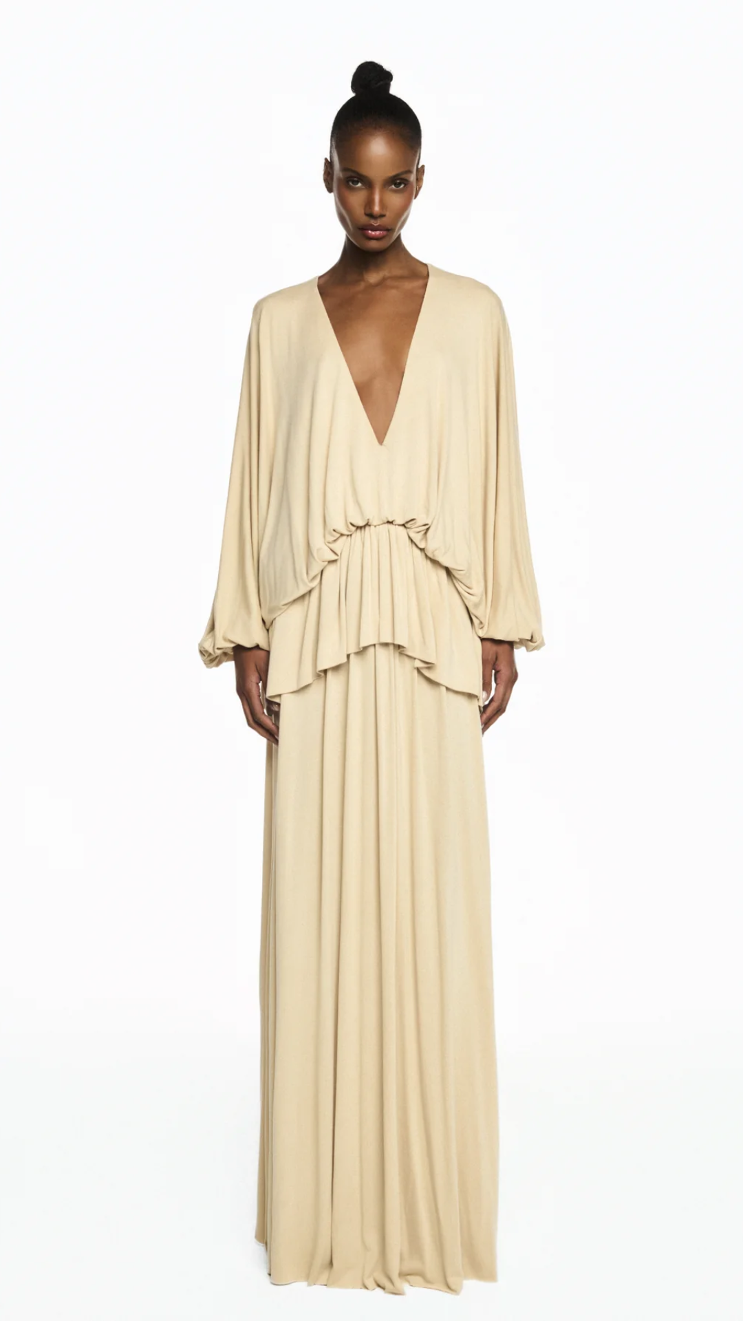 Vestido Longo Amplo Balonê Malha Bege