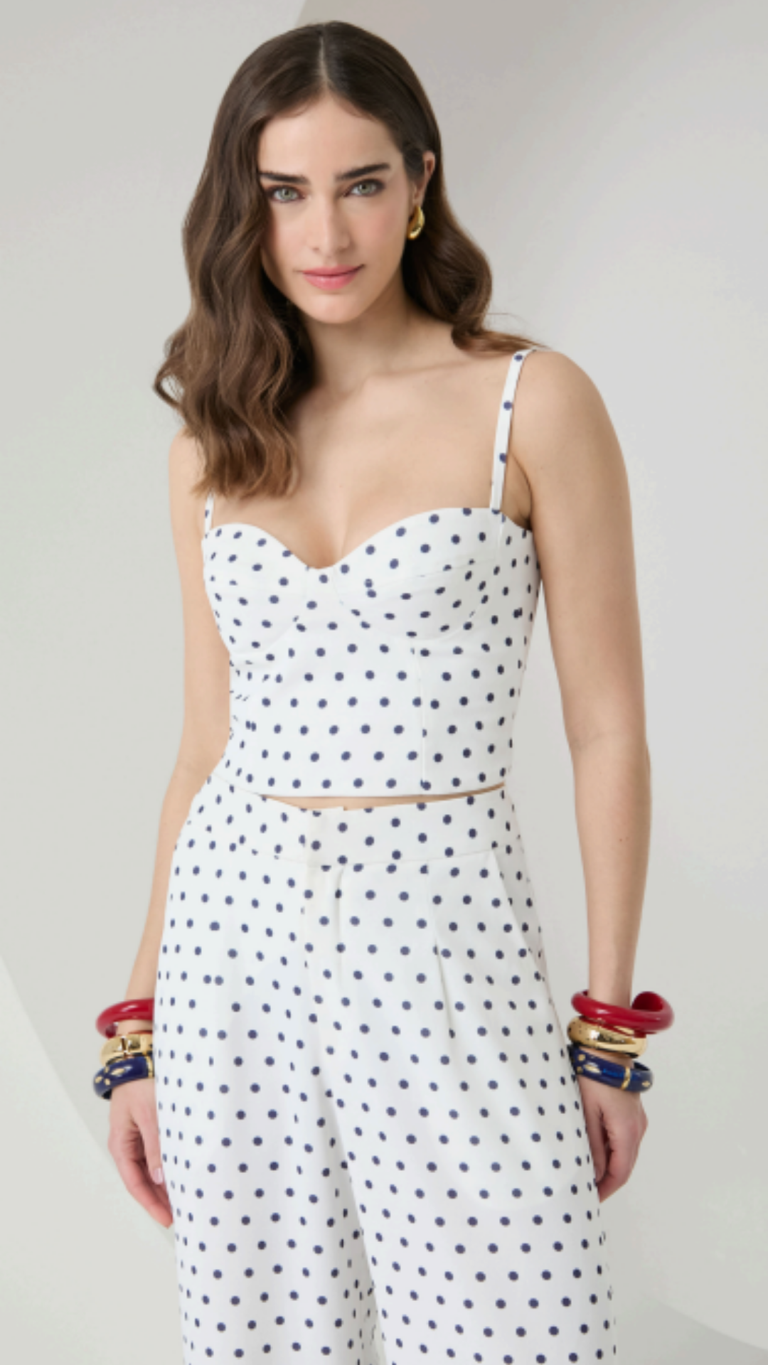 Conjunto Corset e Calça Alfaiataria Branco com Poás Azuis