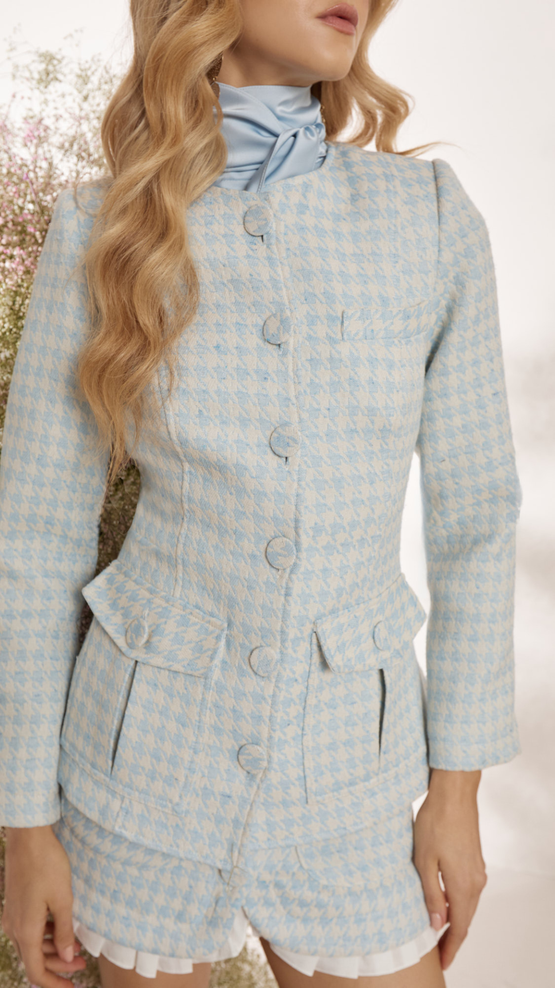 Casaco Peplum Jacquard Pied Poule Baby Blue
