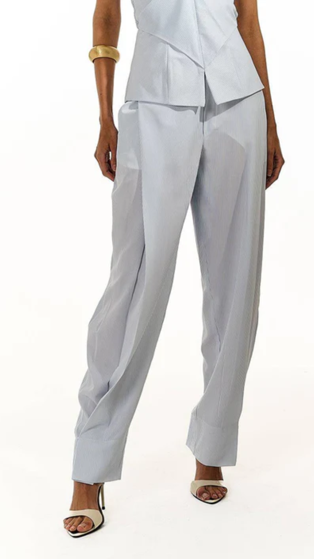 Calça Listras Bolso Solto Off/Azul