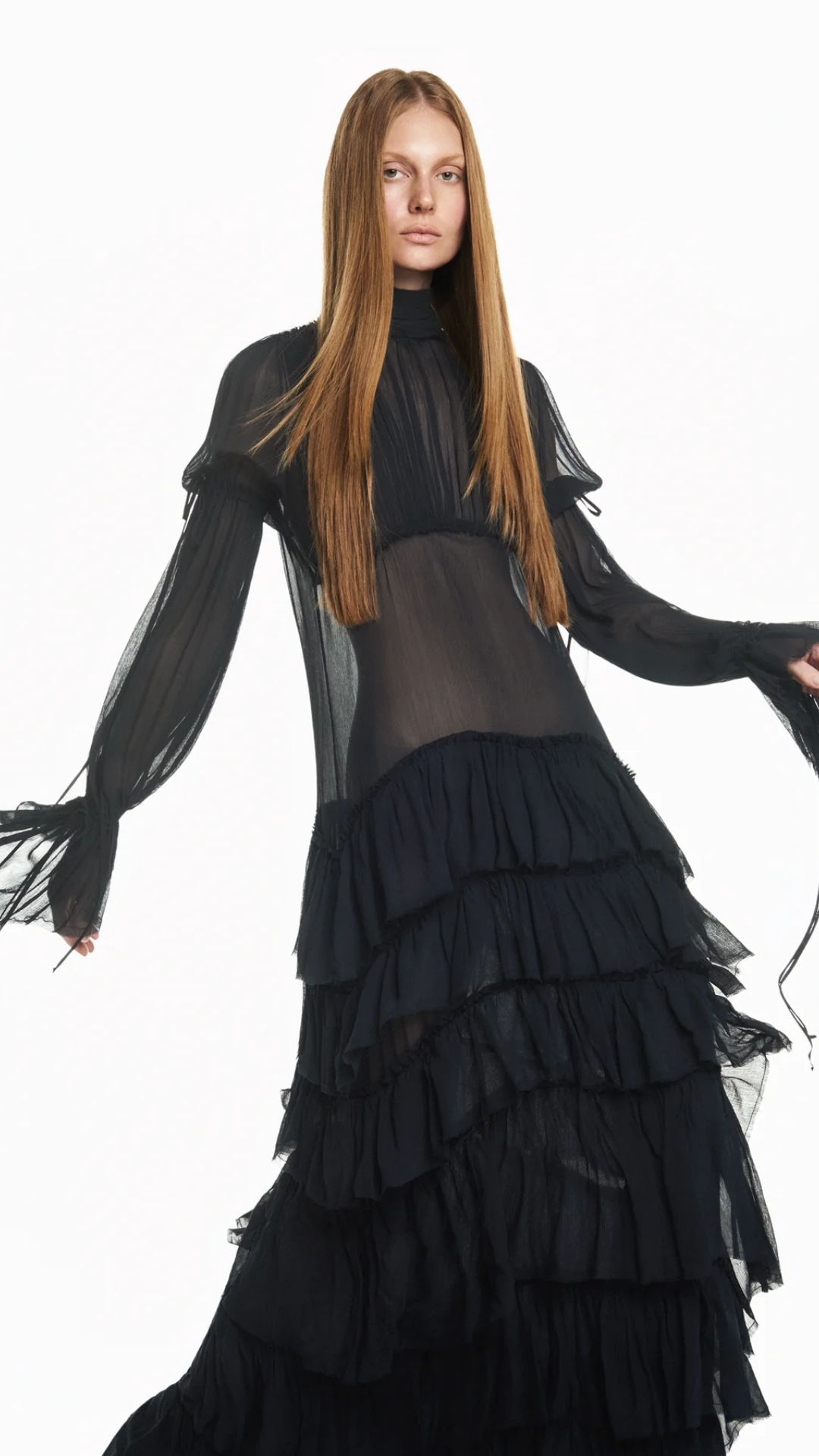Vestido Longo Babados Manga Longa Chiffon com Corset Preto