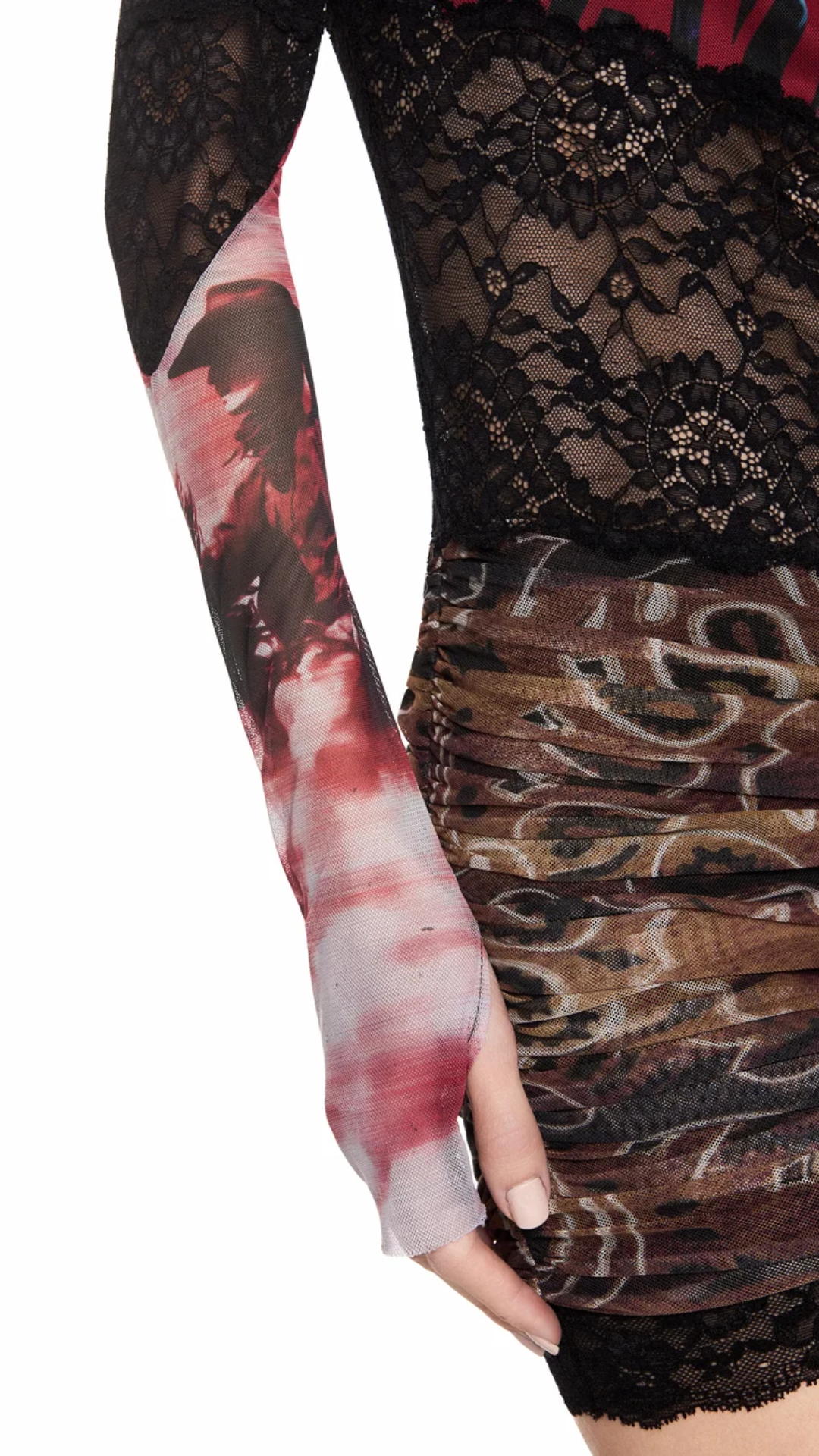 Vestido Curto Manga Longa Faixa Tule e Renda Maverick