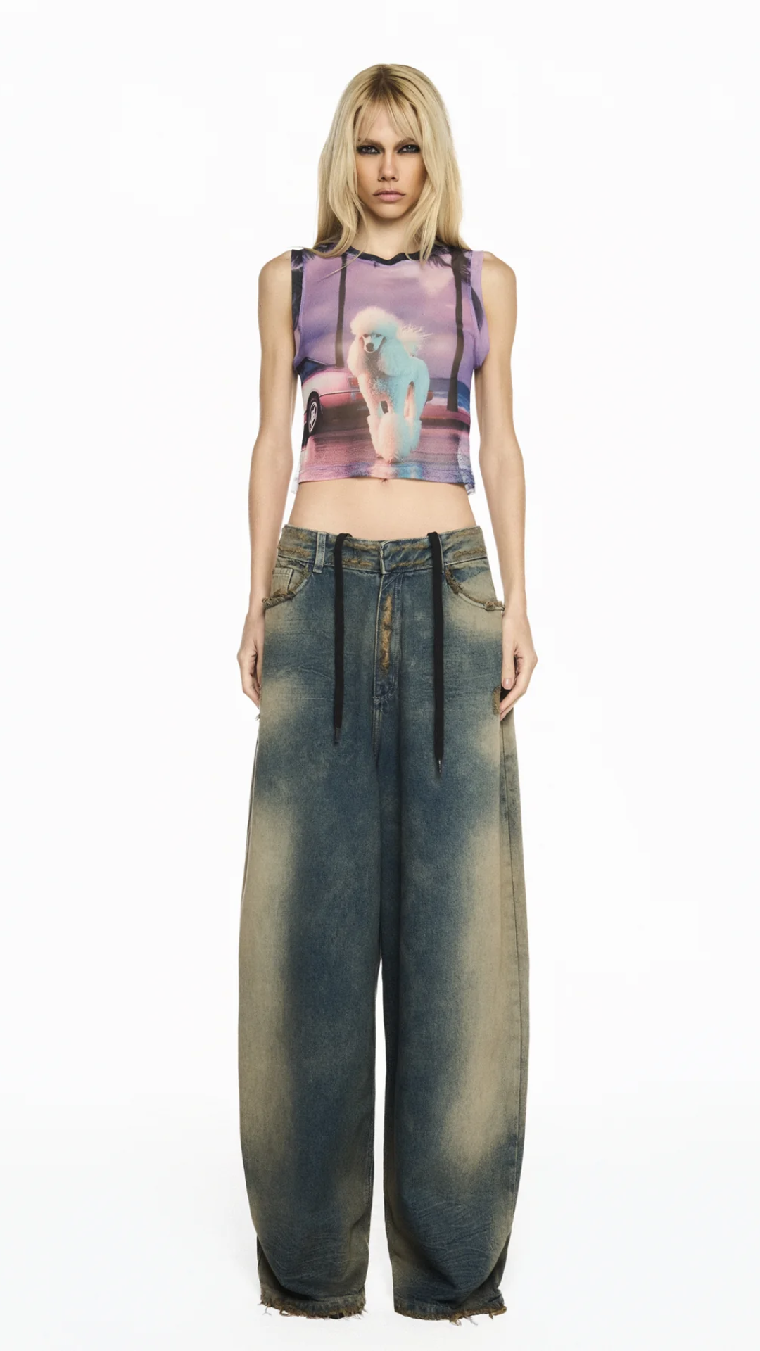 Calça Jeans Manchada Perna Ampla Balloon Cadarço