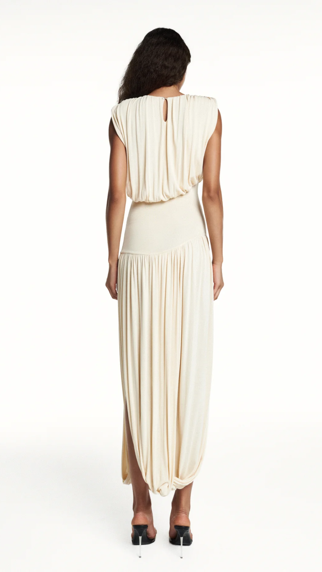 Vestido Longo sem Manga Drapeado Manteiga