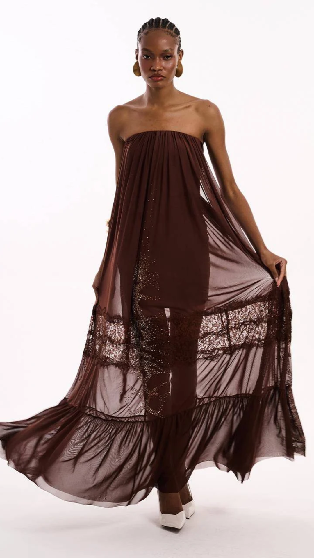 Vestido Tqc Maxi Longo Tule Com Transfer Marrom