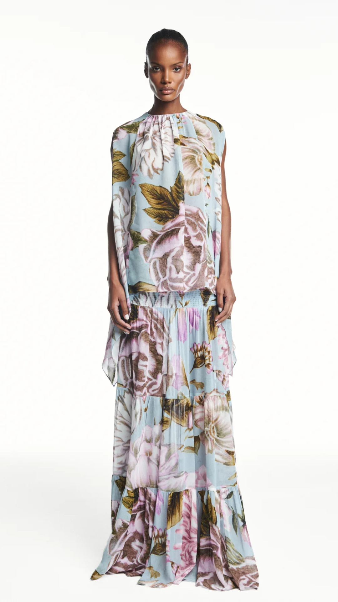 Blusa Ampla Pontas sem Manga Floral Azul