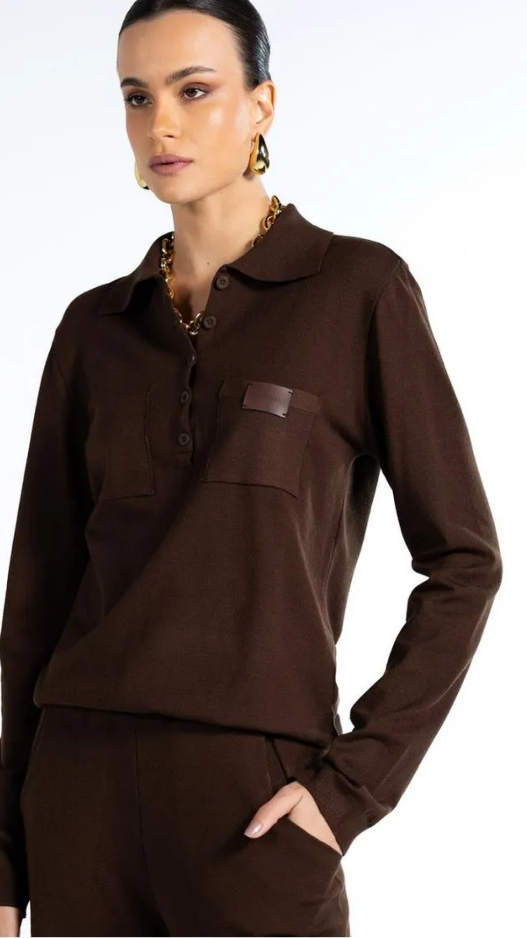 Conjunto de Tricot Gola Polo e Calça Marrom