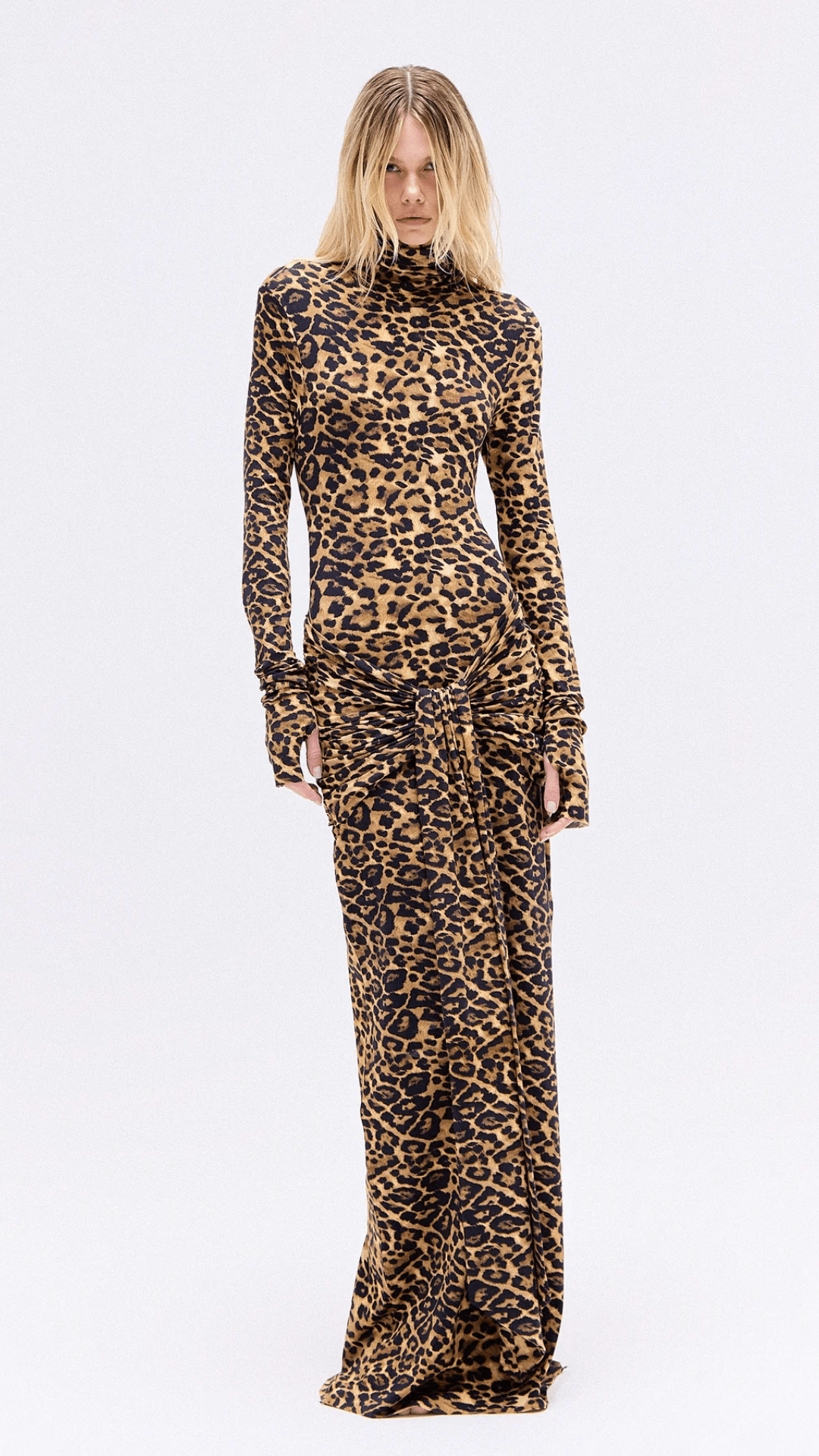 Vestido Longo Gola Alta Malha Onça