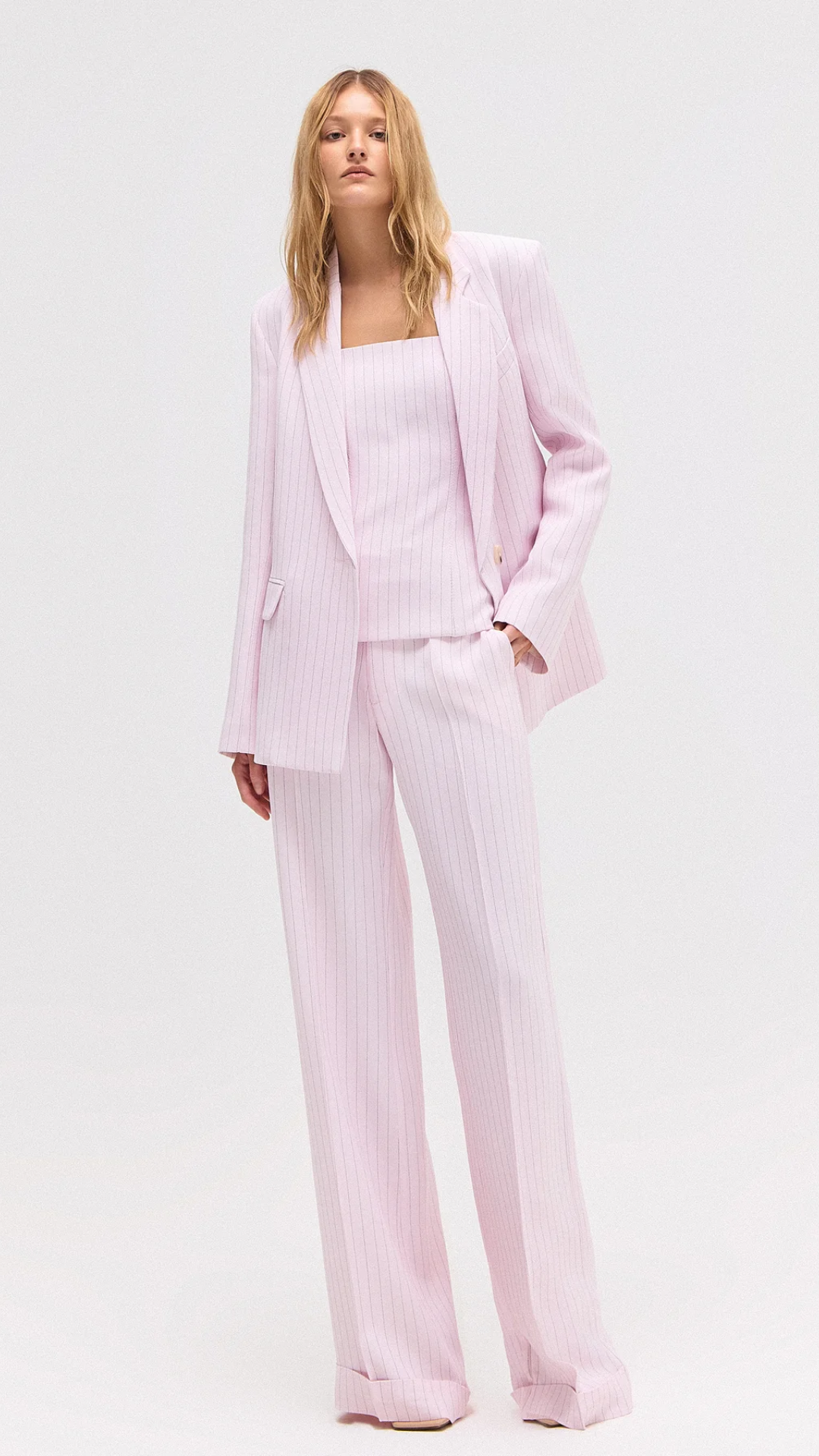 Blazer Alfaiataria Crepe Patou Risca de Giz Rosa